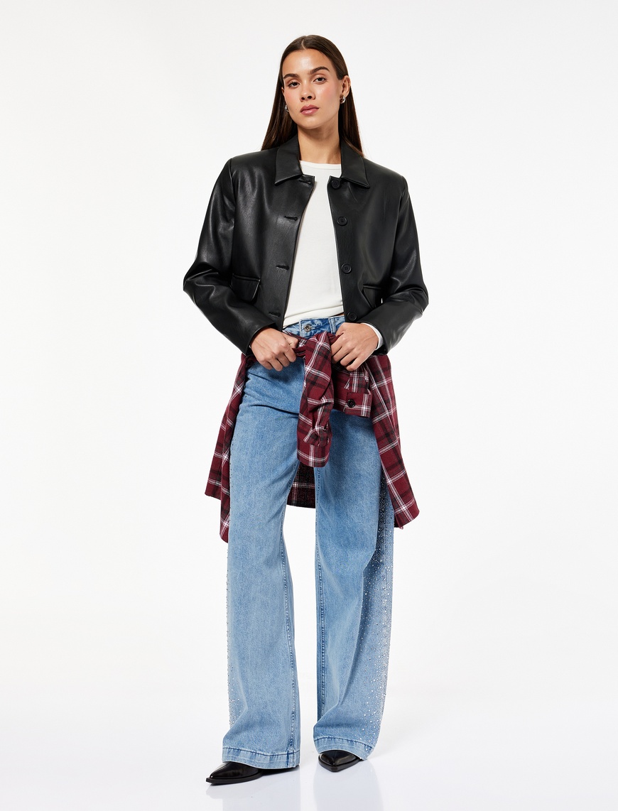   Düğmeli Cepli Geniş Paça Pamuklu Taşlı Jean Pantolon - Wide Leg Jeans
