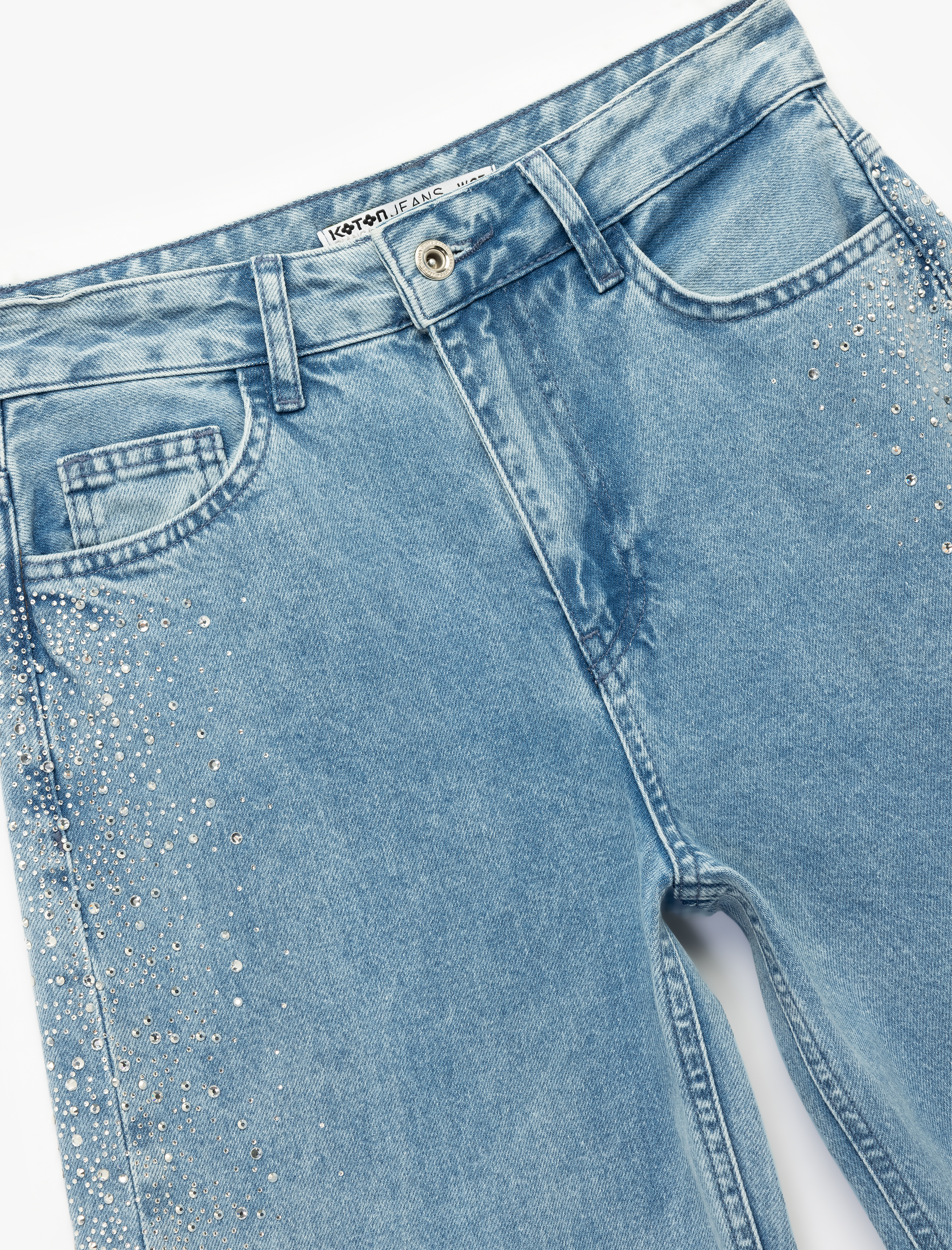   Düğmeli Cepli Geniş Paça Pamuklu Taşlı Jean Pantolon - Wide Leg Jeans