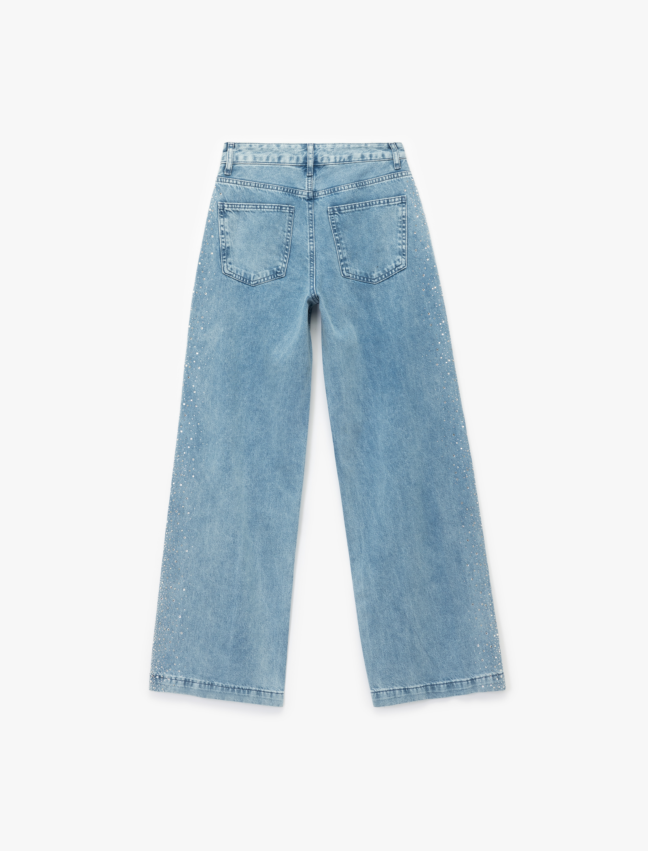   Düğmeli Cepli Geniş Paça Pamuklu Taşlı Jean Pantolon - Wide Leg Jeans