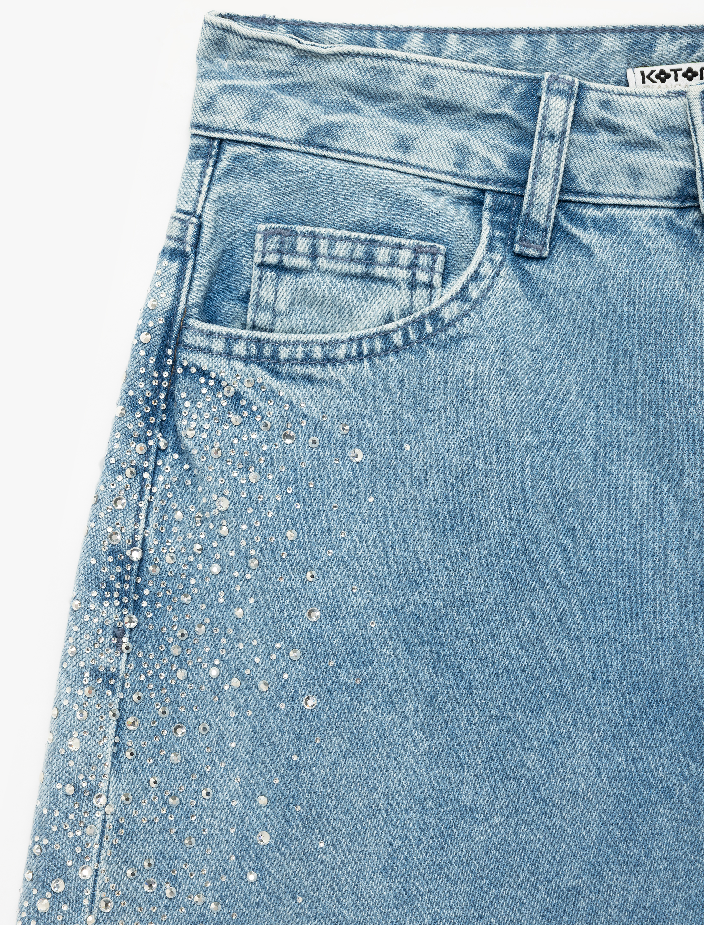   Düğmeli Cepli Geniş Paça Pamuklu Taşlı Jean Pantolon - Wide Leg Jeans