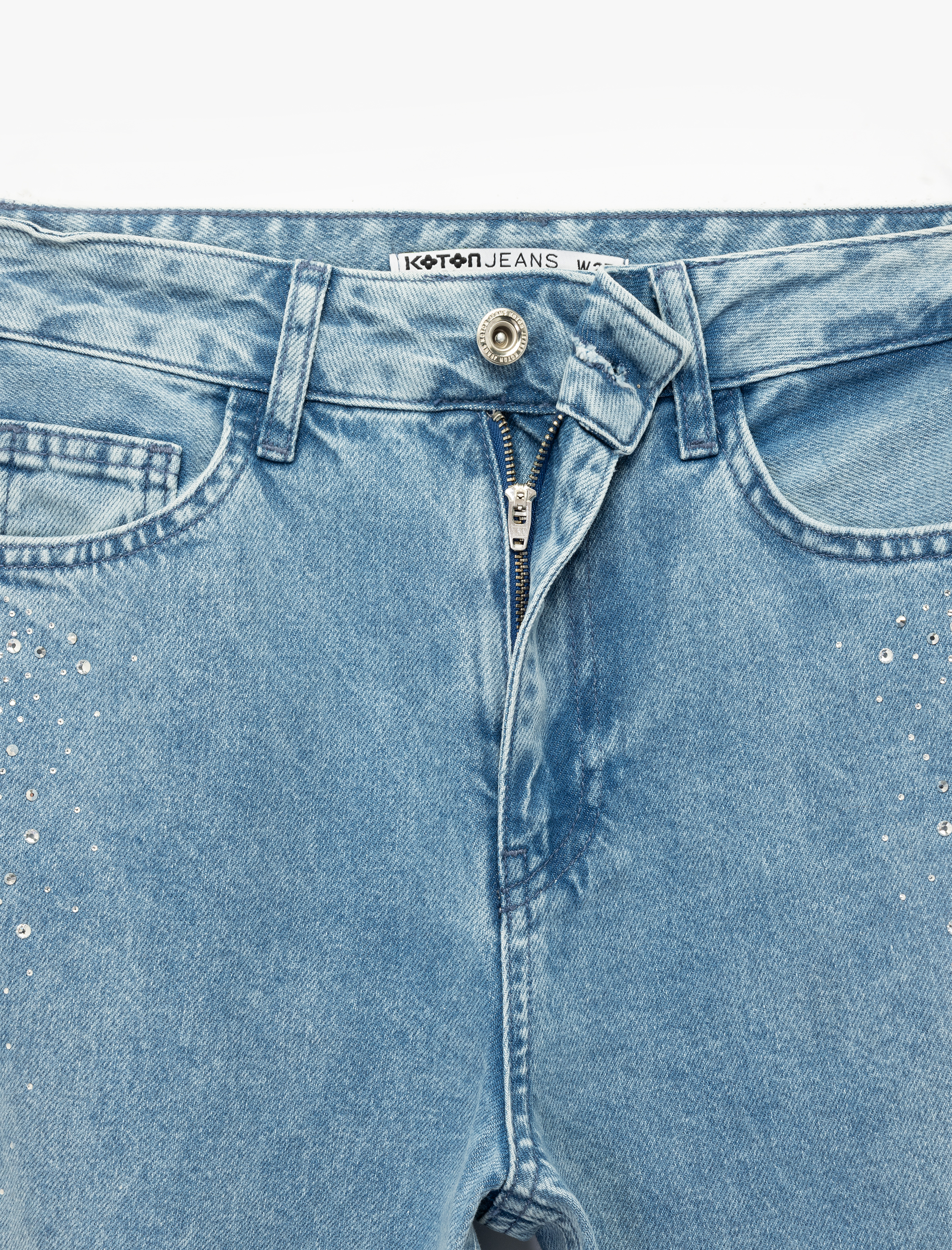   Düğmeli Cepli Geniş Paça Pamuklu Taşlı Jean Pantolon - Wide Leg Jeans