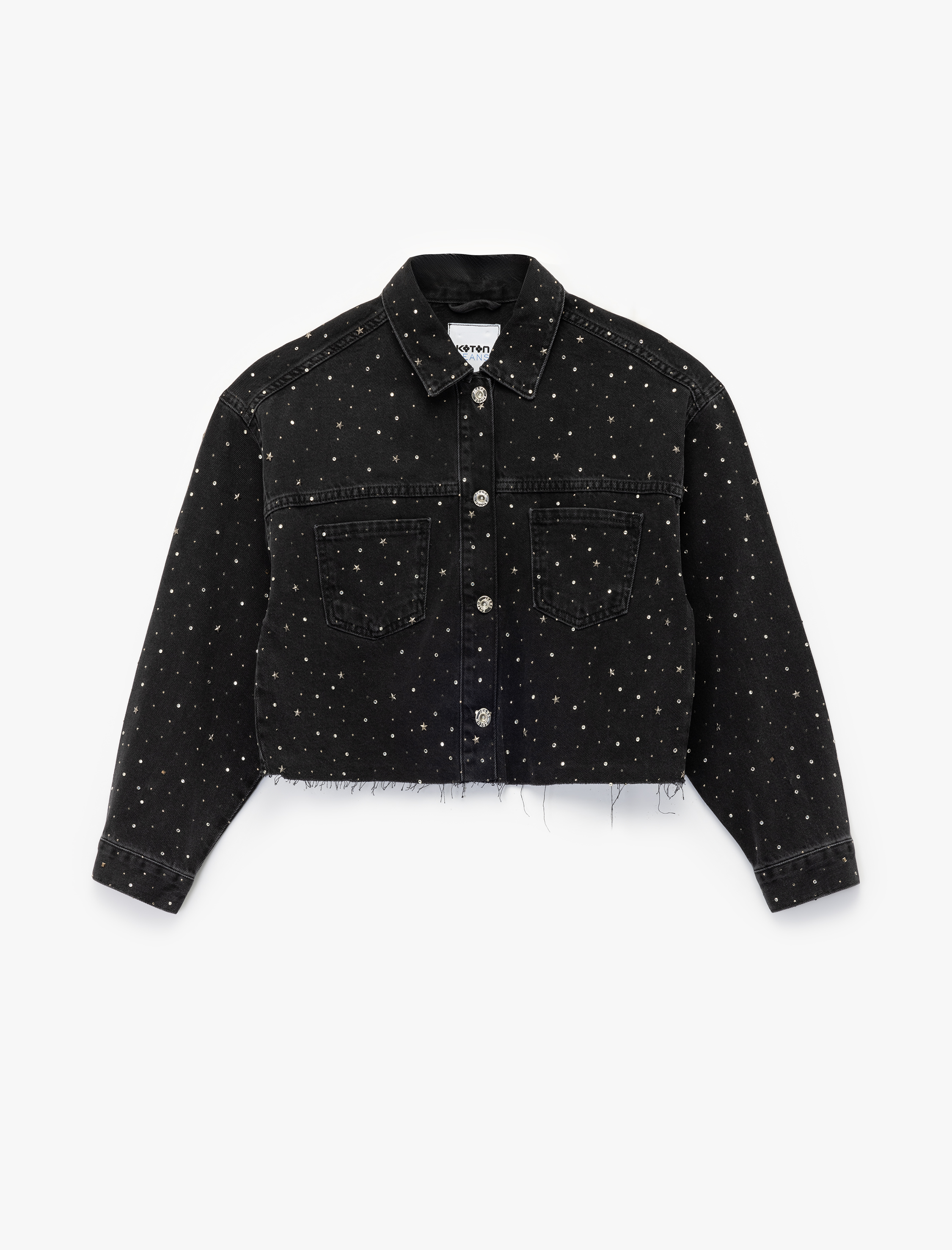   Uzun Kollu Klasik Yaka Cep Detaylı Crop Taşlı Denim Ceket