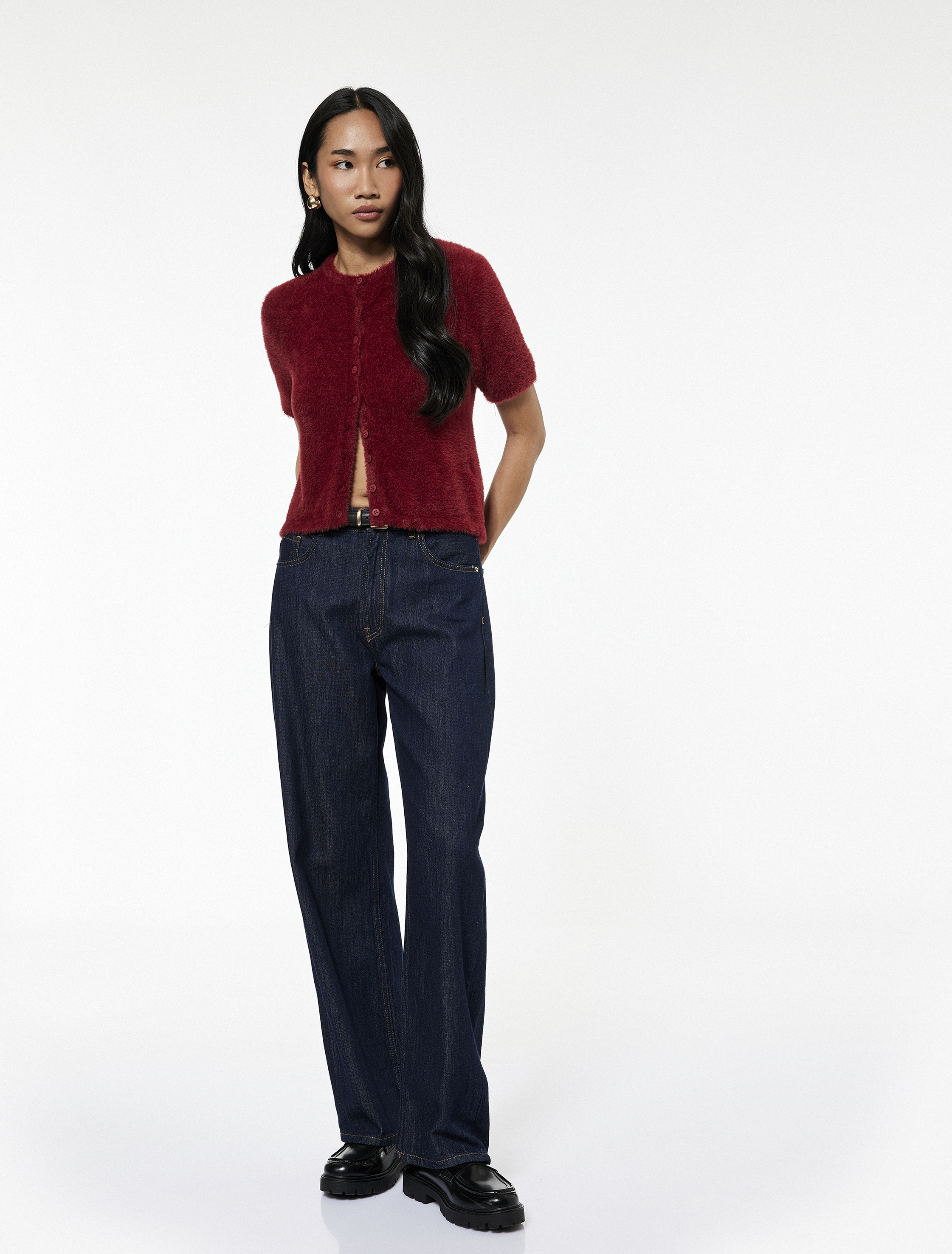 Kısa Kollu Bisiklet Yaka Peluş Triko Hırka