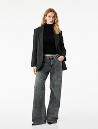 Pamuklu Bol Kalıp Düğmeli Cepli Yıkamalı Jean Pantolon - Loose Straight Fit Jean