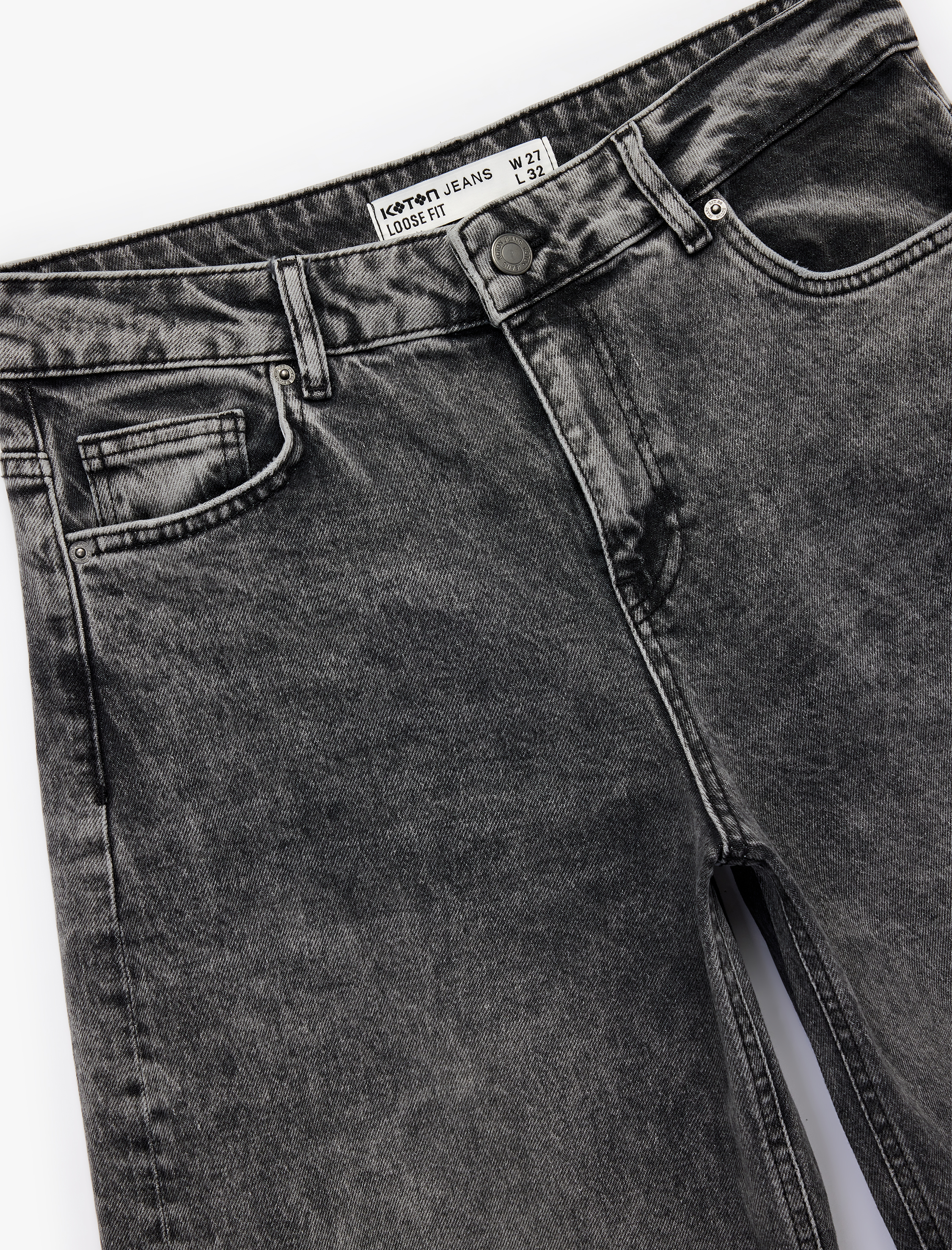   Pamuklu Bol Kalıp Düğmeli Cepli Yıkamalı Jean Pantolon - Loose Straight Fit Jean