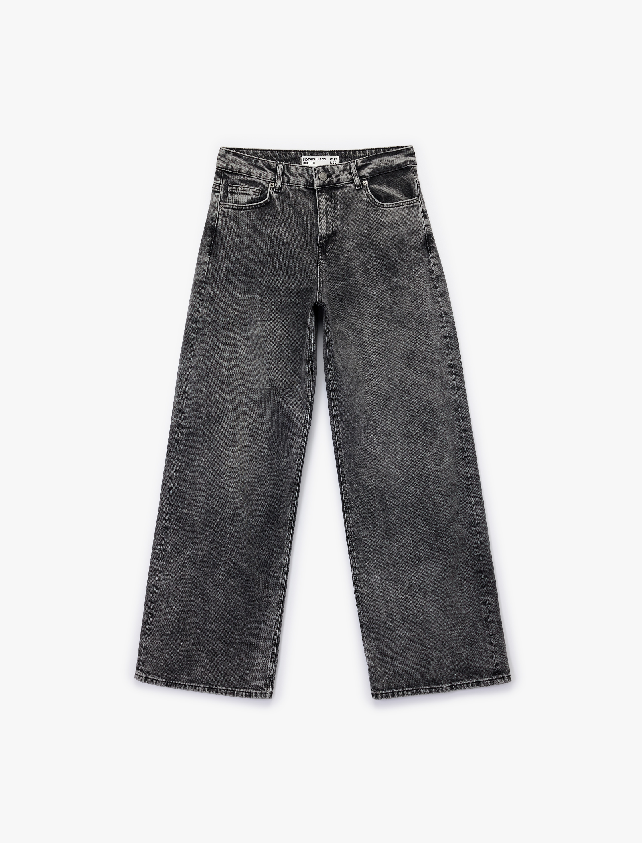   Pamuklu Bol Kalıp Düğmeli Cepli Yıkamalı Jean Pantolon - Loose Straight Fit Jean