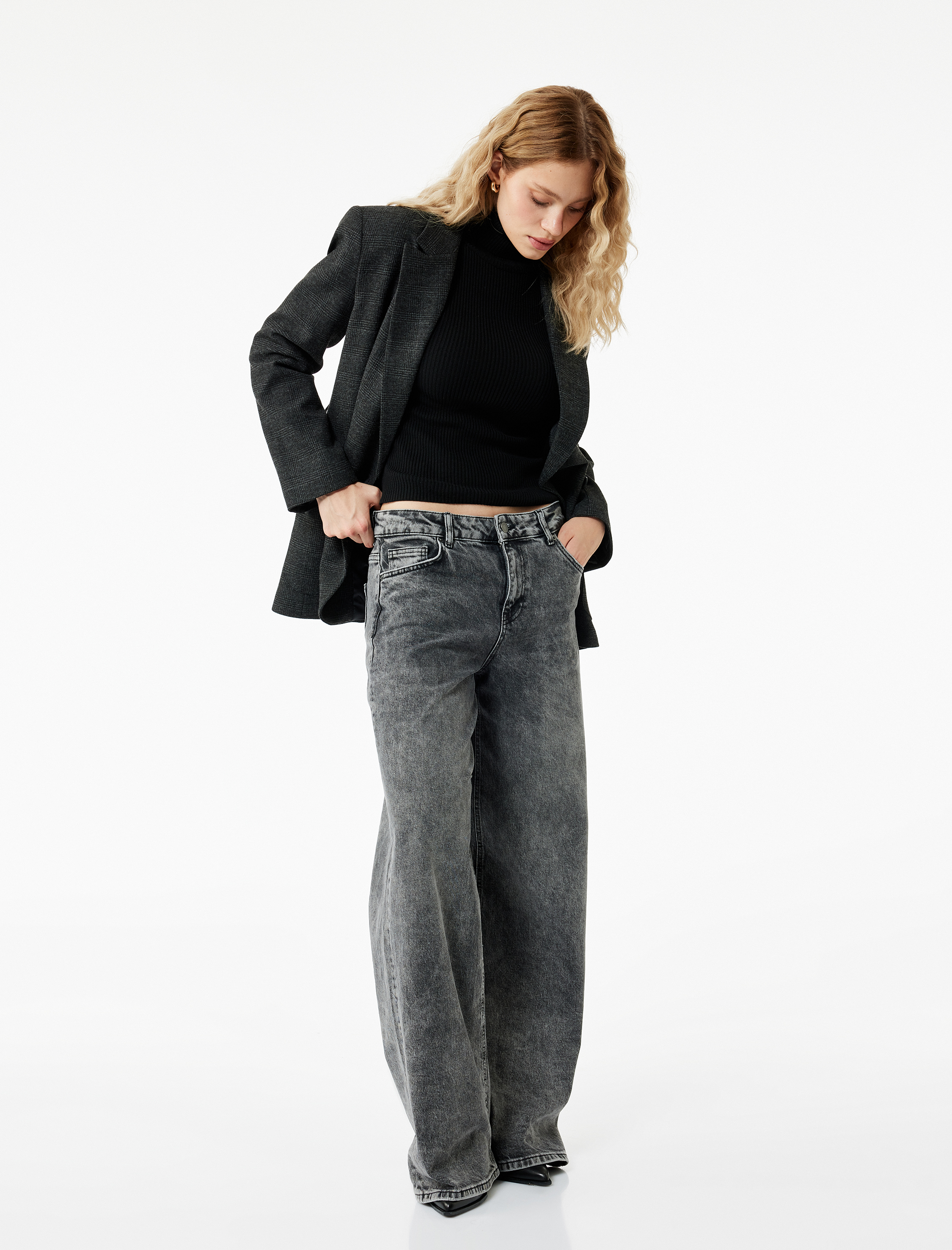   Pamuklu Bol Kalıp Düğmeli Cepli Yıkamalı Jean Pantolon - Loose Straight Fit Jean