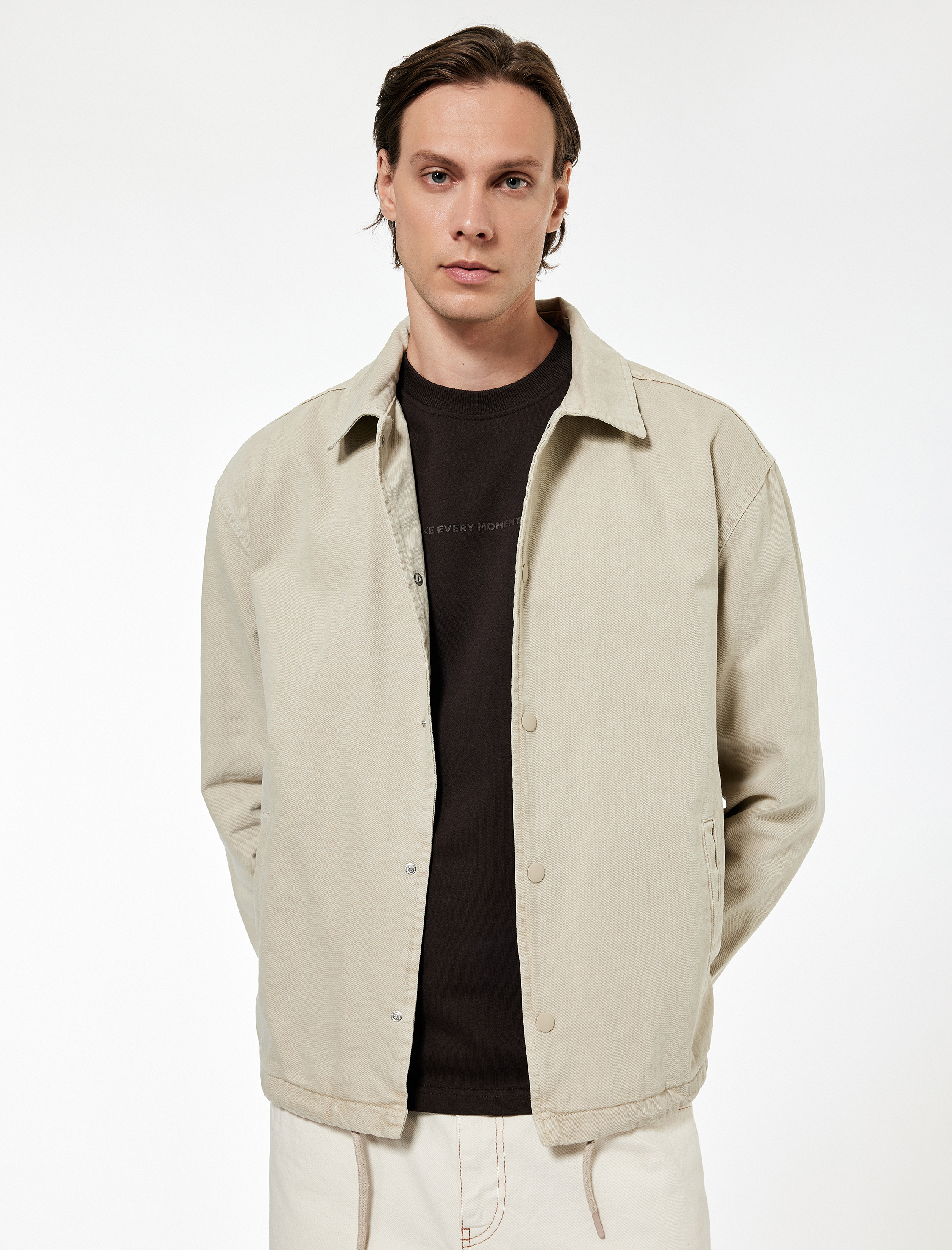   Pamuklu Cepli Bel Detaylı Gömlek Yaka Düğmeli Yıkamalı Oversize Jean Ceket