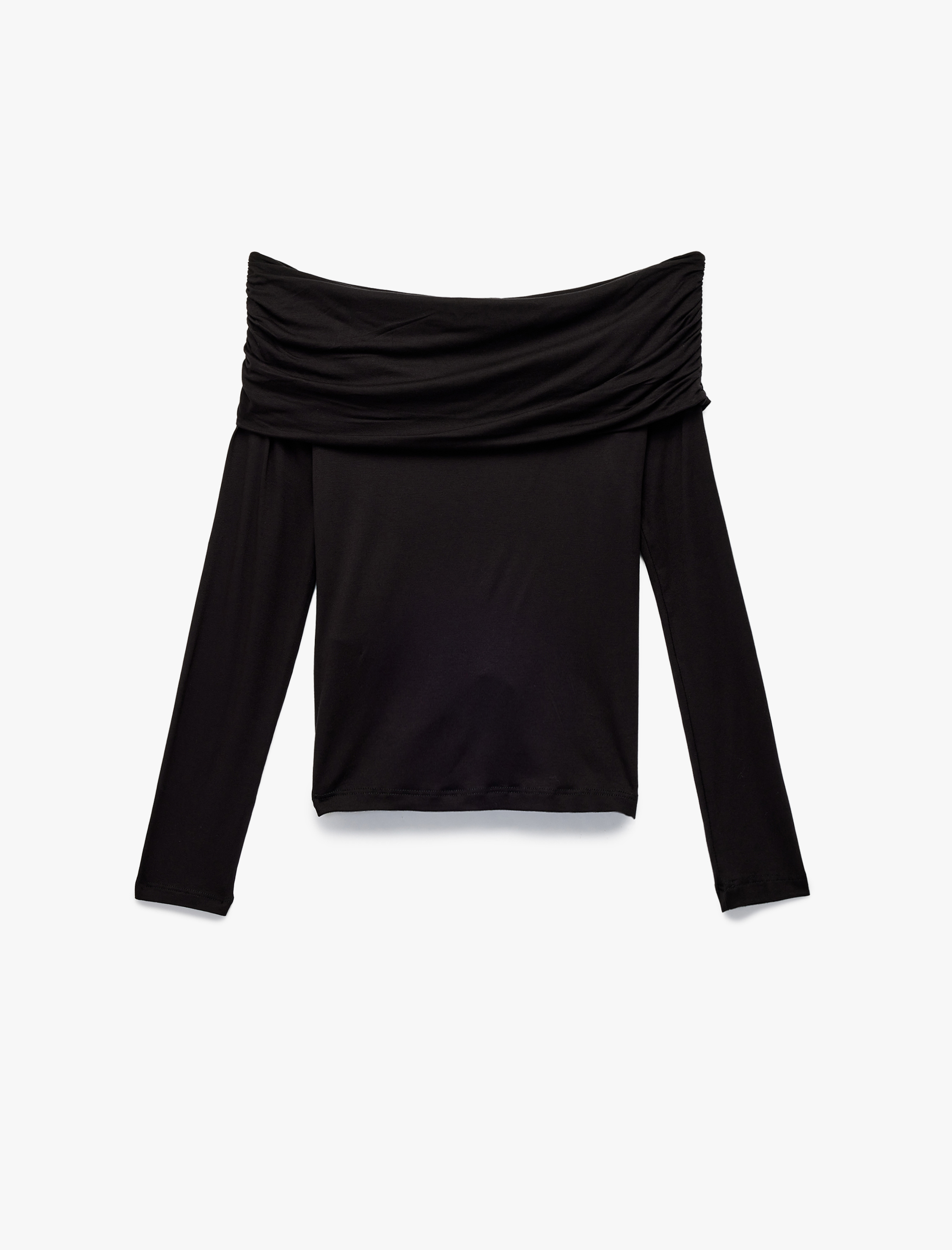   Slim Fit Omzu Açık Drapeli Uzun Kollu Viskon Tişört