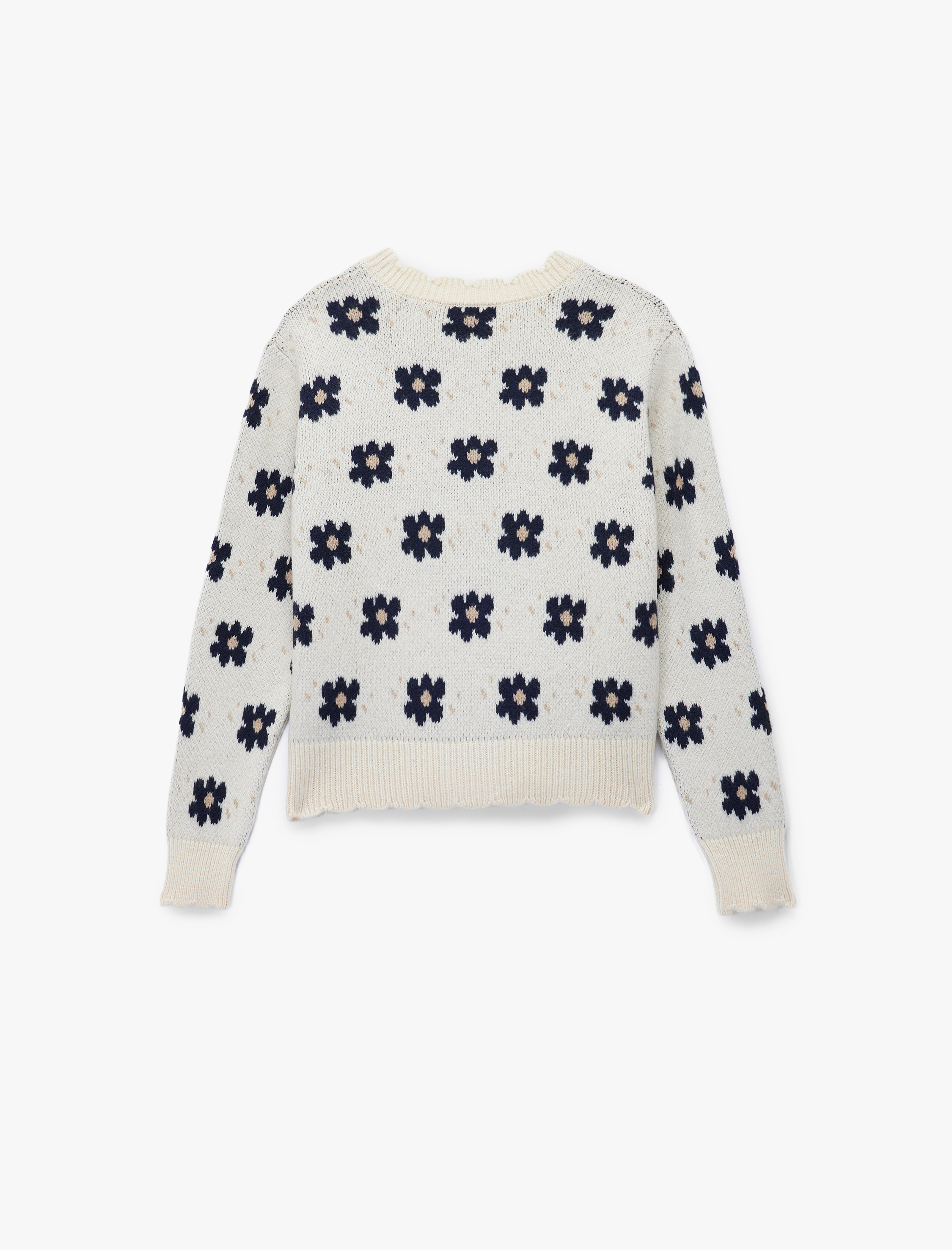   Uzun Kollu Bisiklet Yaka Jakarlı Düğmeli Çiçekli Triko Hırka