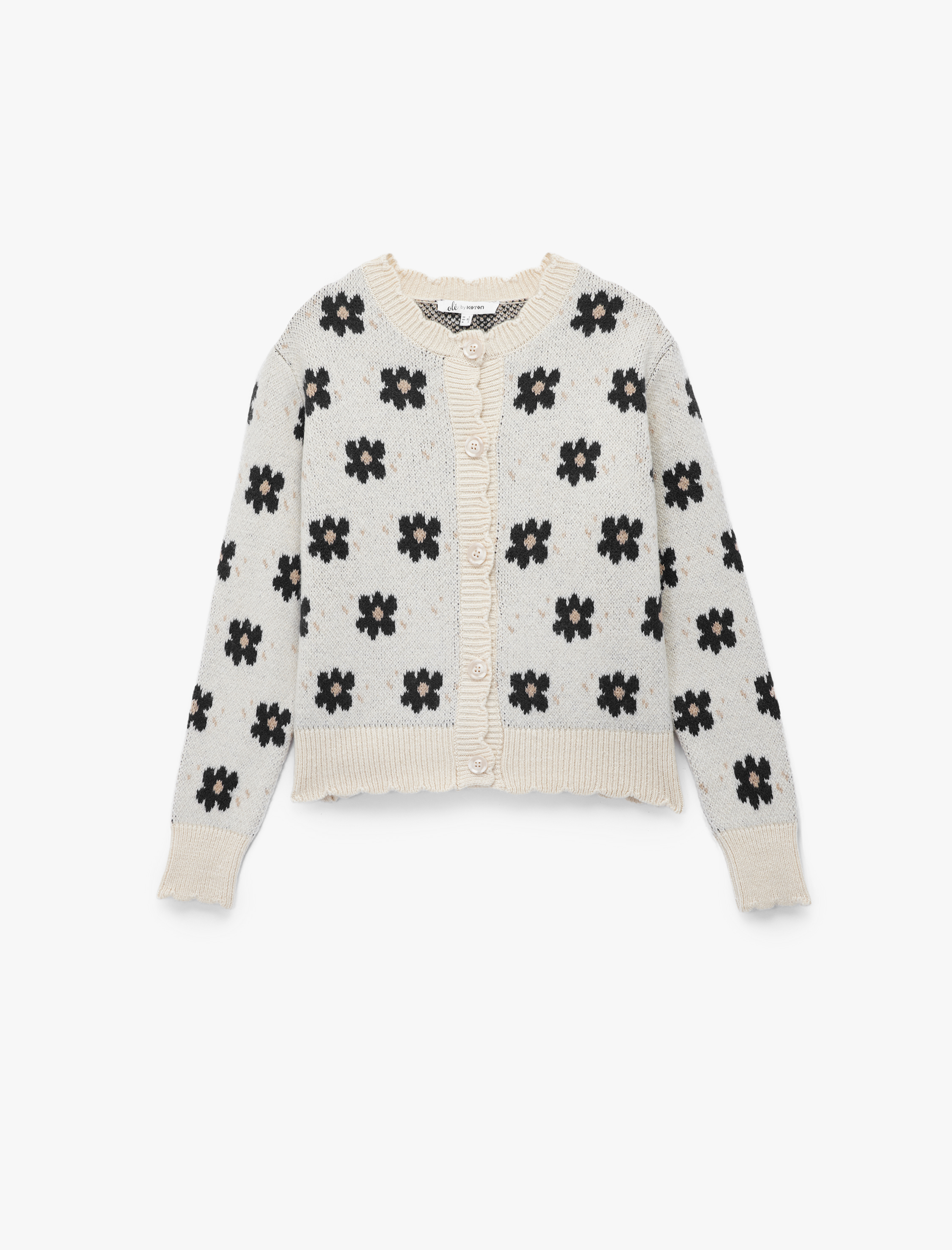   Uzun Kollu Bisiklet Yaka Jakarlı Düğmeli Çiçekli Triko Hırka