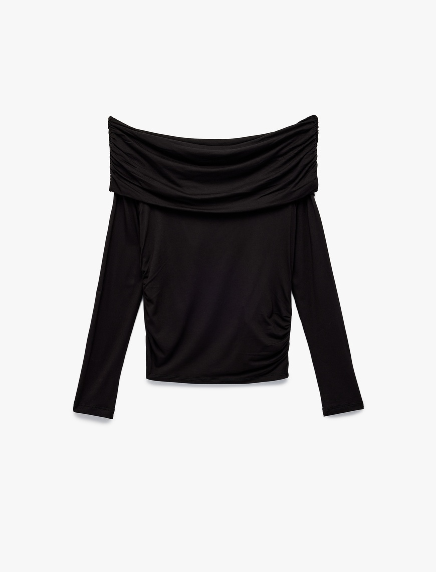   Slim Fit Omzu Açık Drapeli Uzun Kollu Viskon Tişört