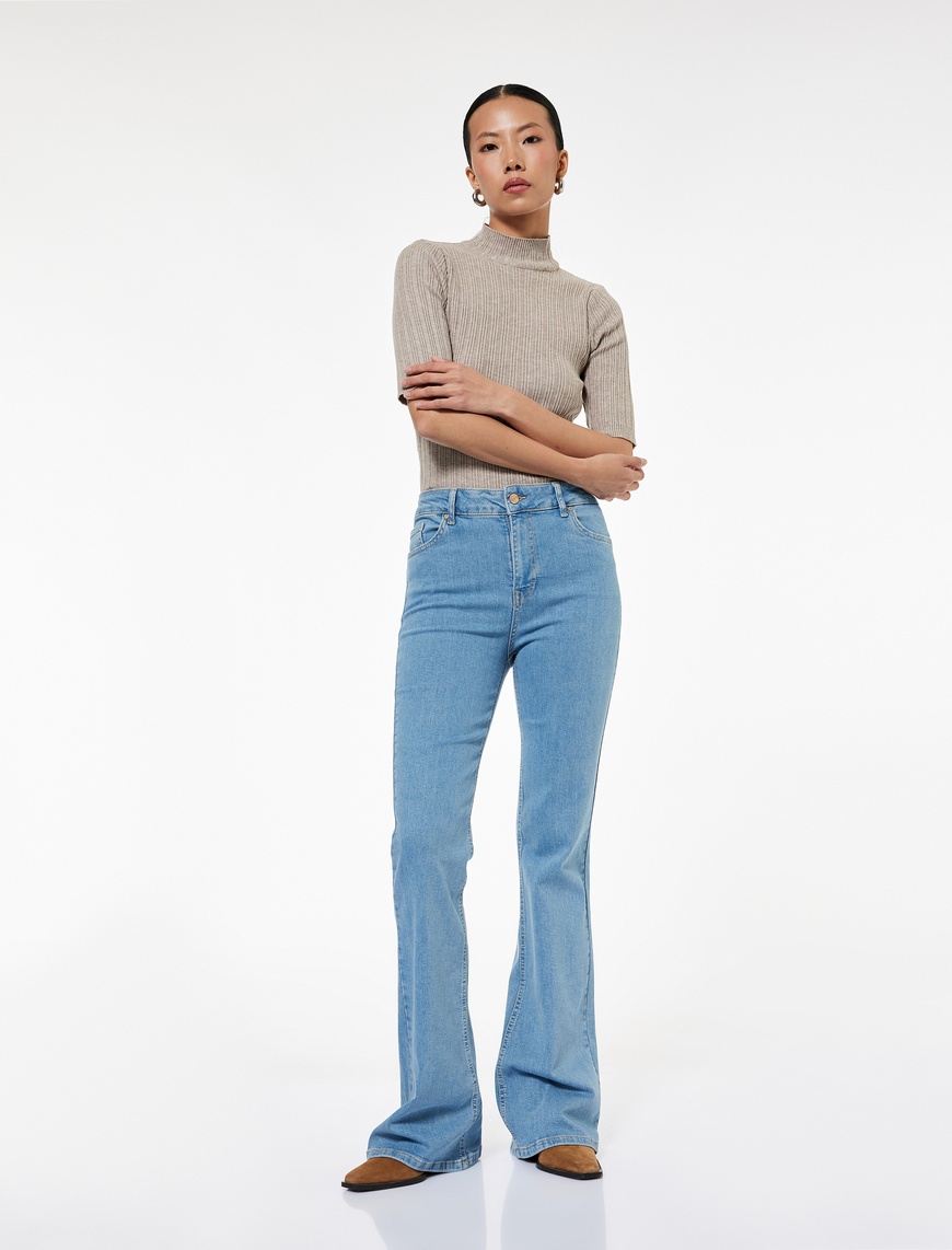   Dar Kalıp Pamuklu Yüksek Bel İspanyol Paça Jean Pantolon - Flare Jeans