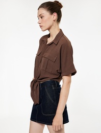 Rahat Kalıp Cep Detaylı Kısa Kollu Bağlamalı Crop Gömlek