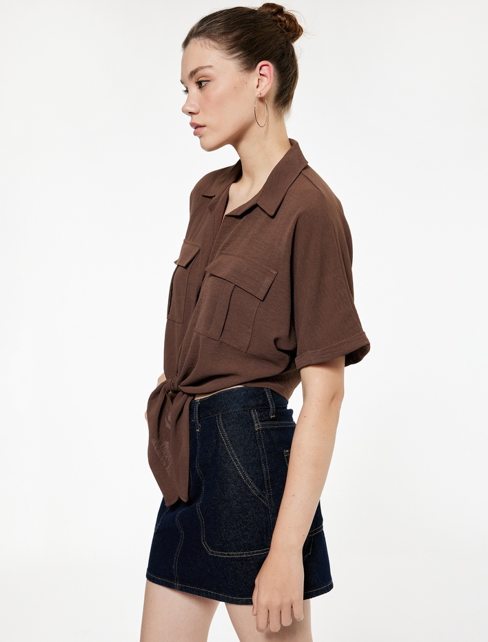  Rahat Kalıp Cep Detaylı Kısa Kollu Bağlamalı Crop Gömlek