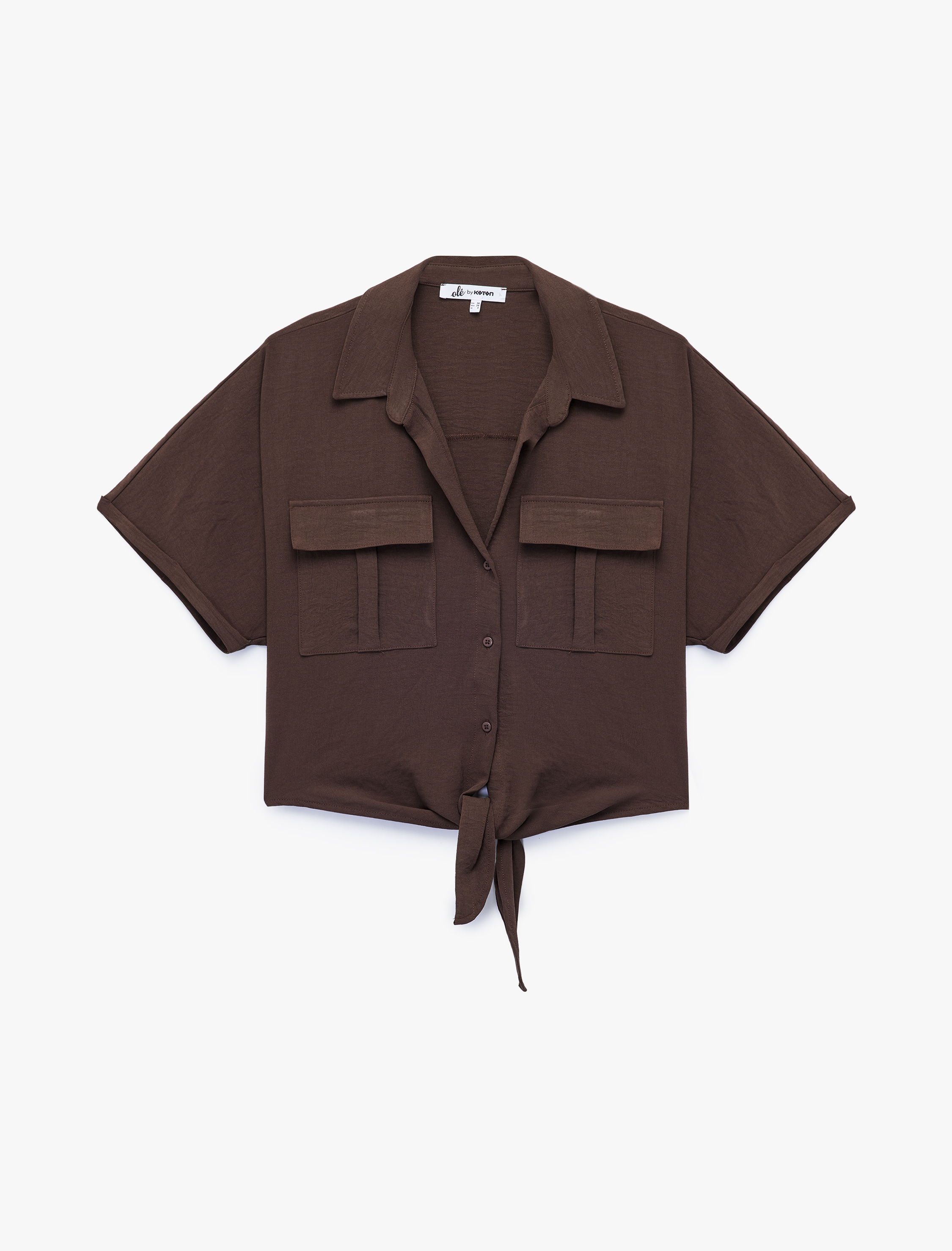 Rahat Kalıp Cep Detaylı Kısa Kollu Bağlamalı Crop Gömlek