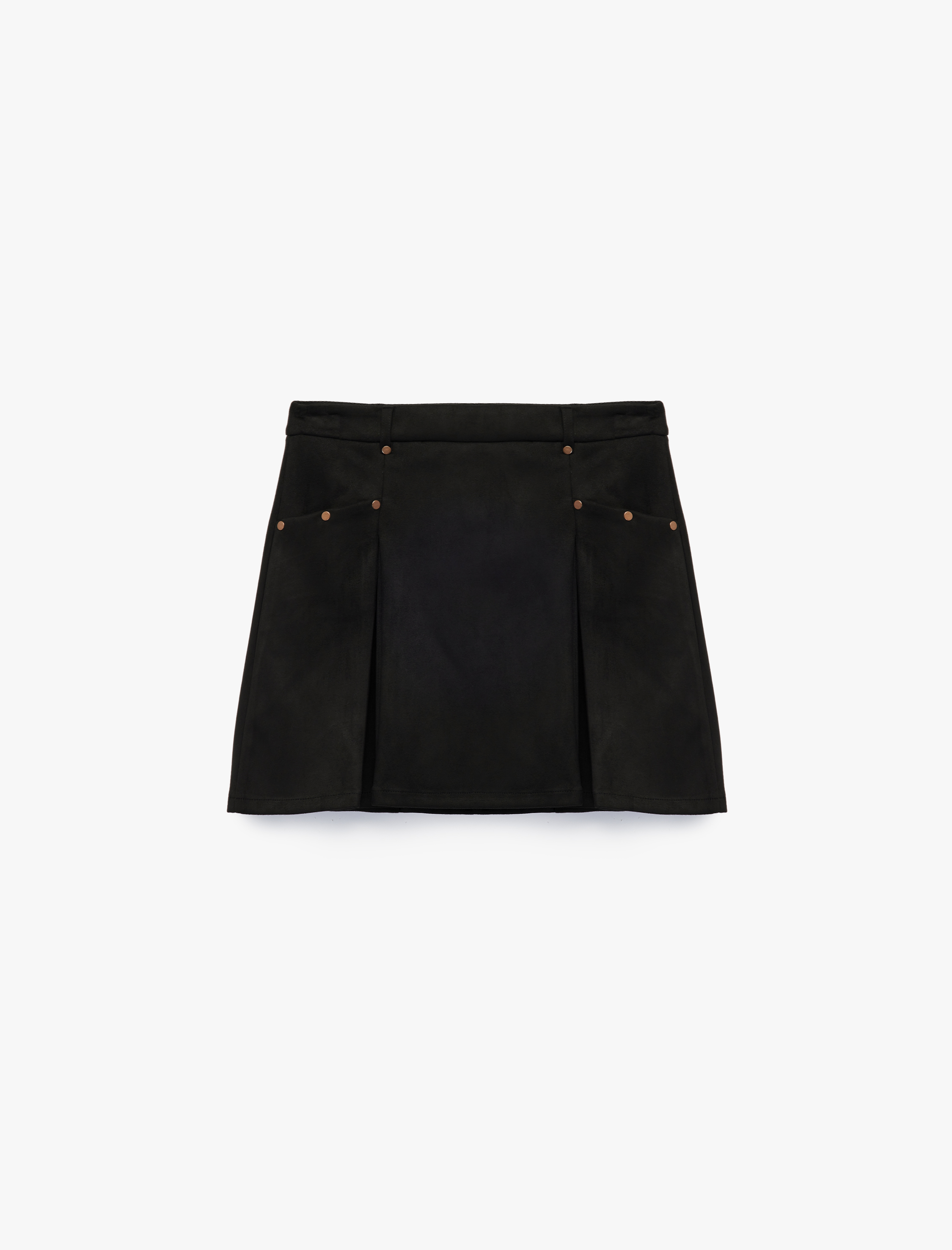   Metal Aksesuarlı A Kesim Süet Görünümlü Mini Etek