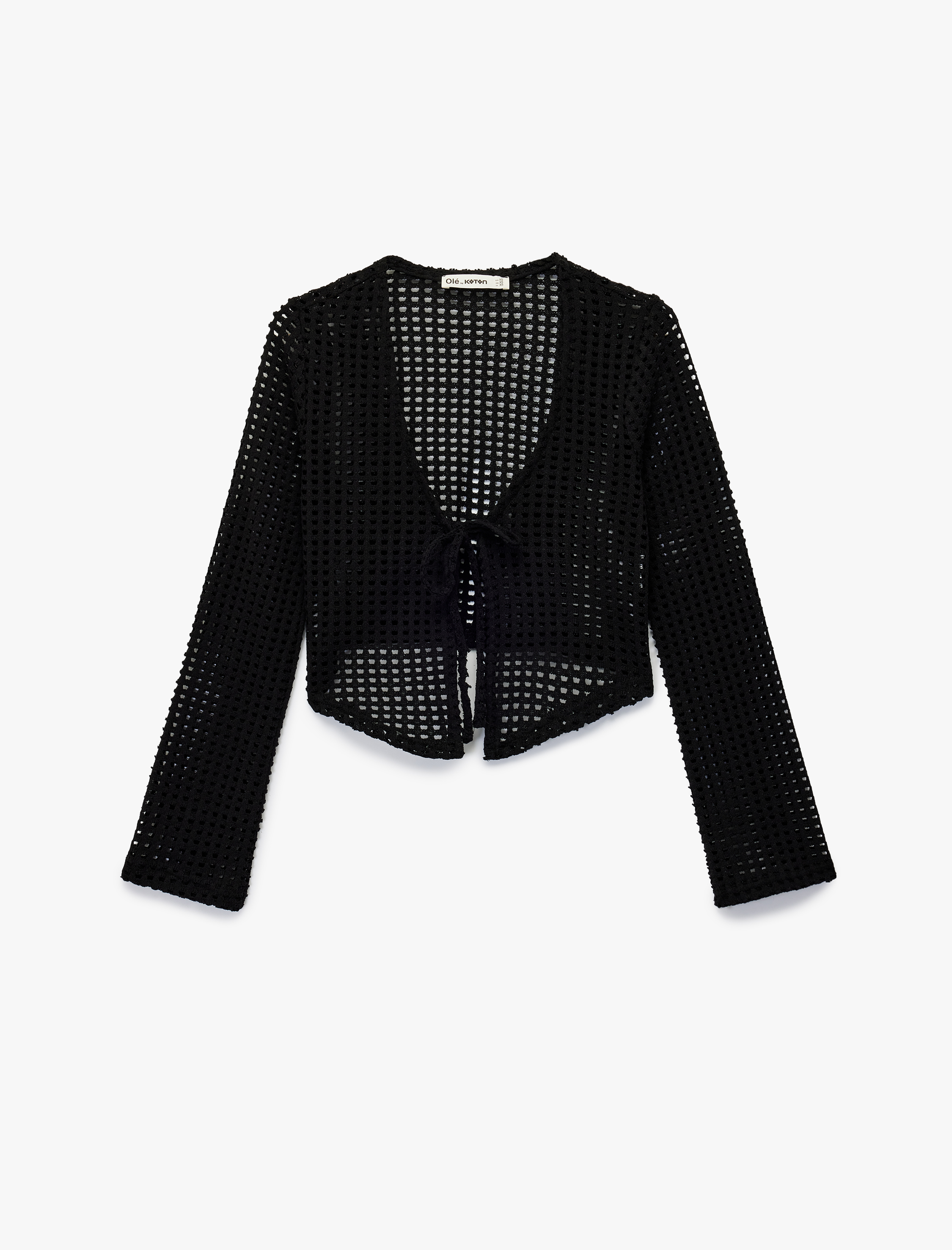   V Yaka Uzun Kollu Önden Bağlamalı Ajurlu Hırka