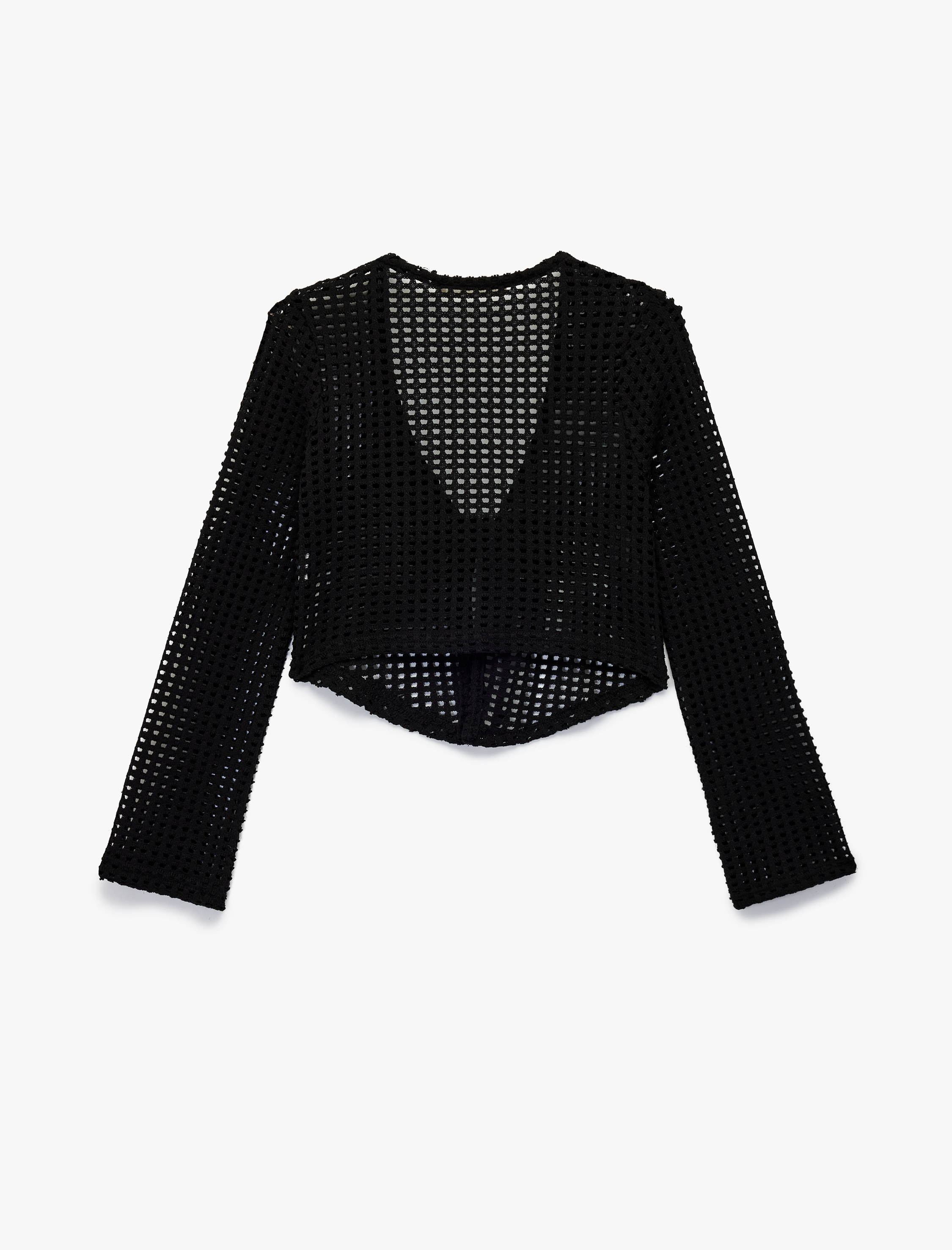   V Yaka Uzun Kollu Önden Bağlamalı Ajurlu Hırka