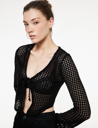 V Yaka Uzun Kollu Önden Bağlamalı Ajurlu Hırka