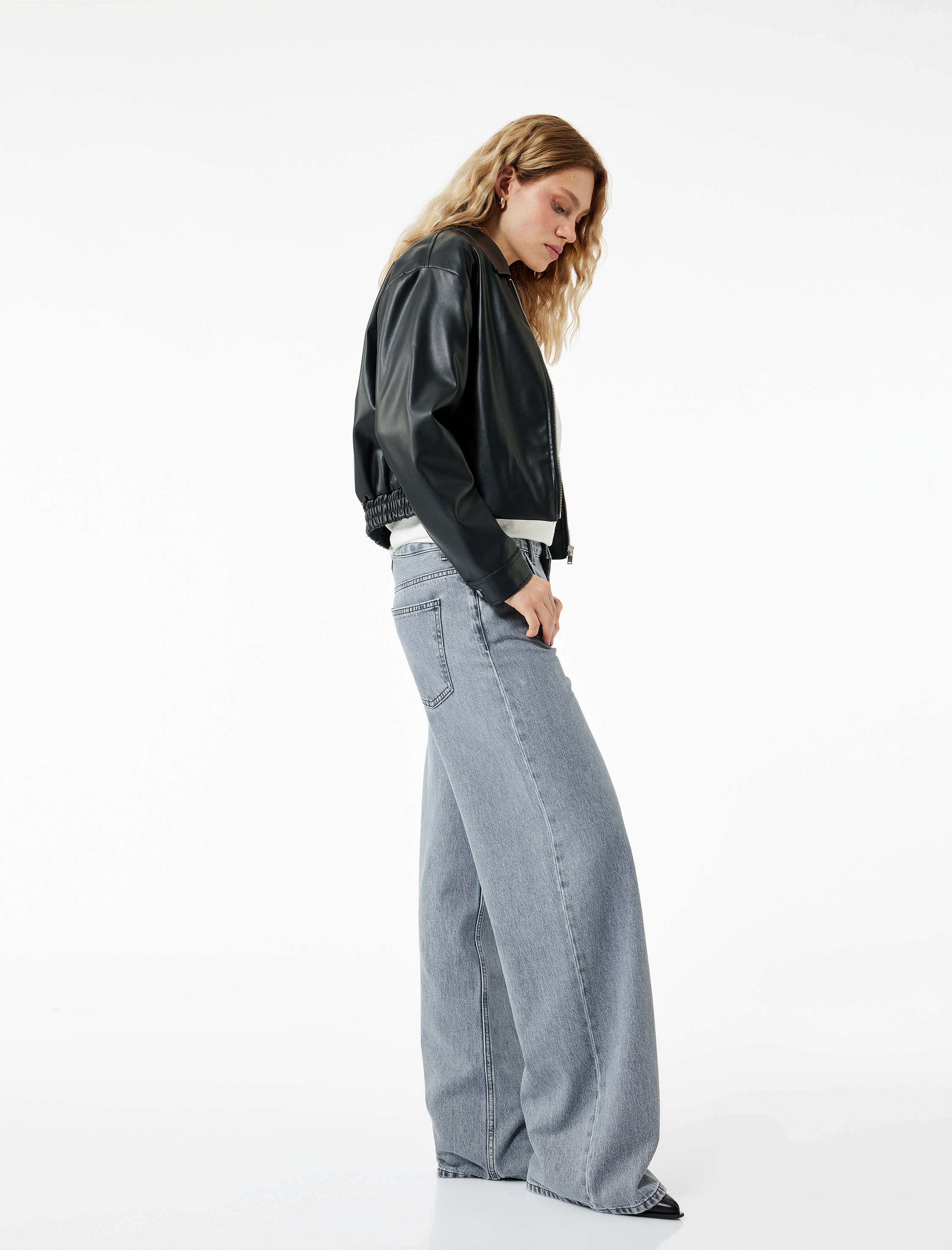   Yıkamalı Düğmeli Cepli Pamuklu Bol Kalıp Geniş Paça Jean Pantolon - Loose Straight Fit Jean