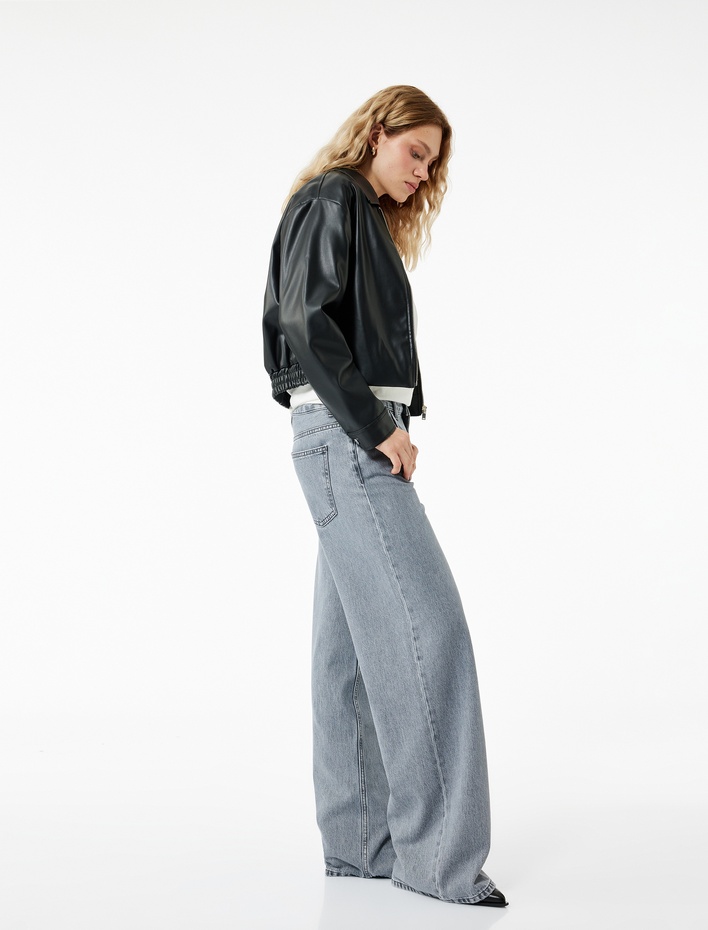  Yıkamalı Düğmeli Cepli Pamuklu Bol Kalıp Geniş Paça Jean Pantolon - Loose Straight Fit Jean