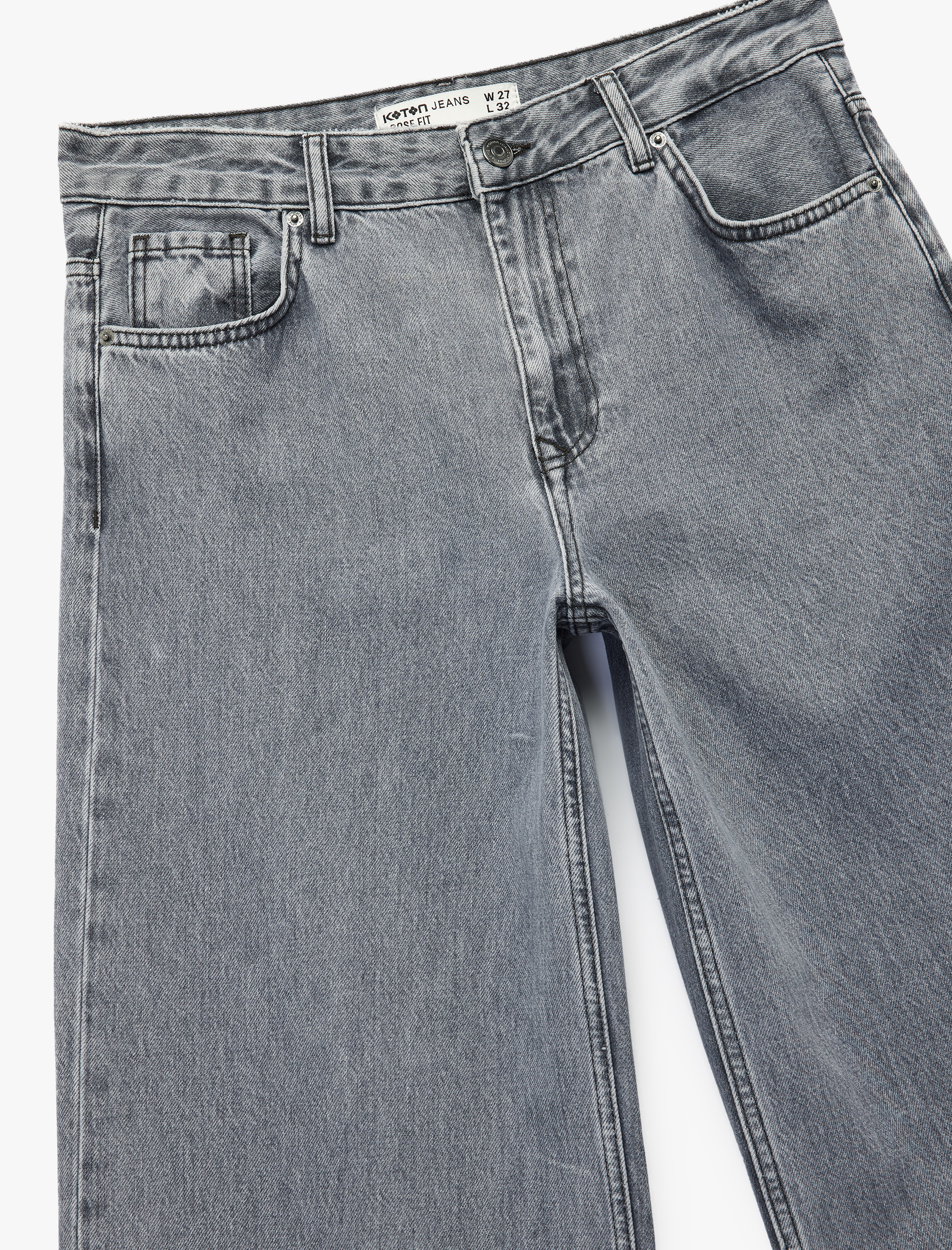   Yıkamalı Düğmeli Cepli Pamuklu Bol Kalıp Geniş Paça Jean Pantolon - Loose Straight Fit Jean