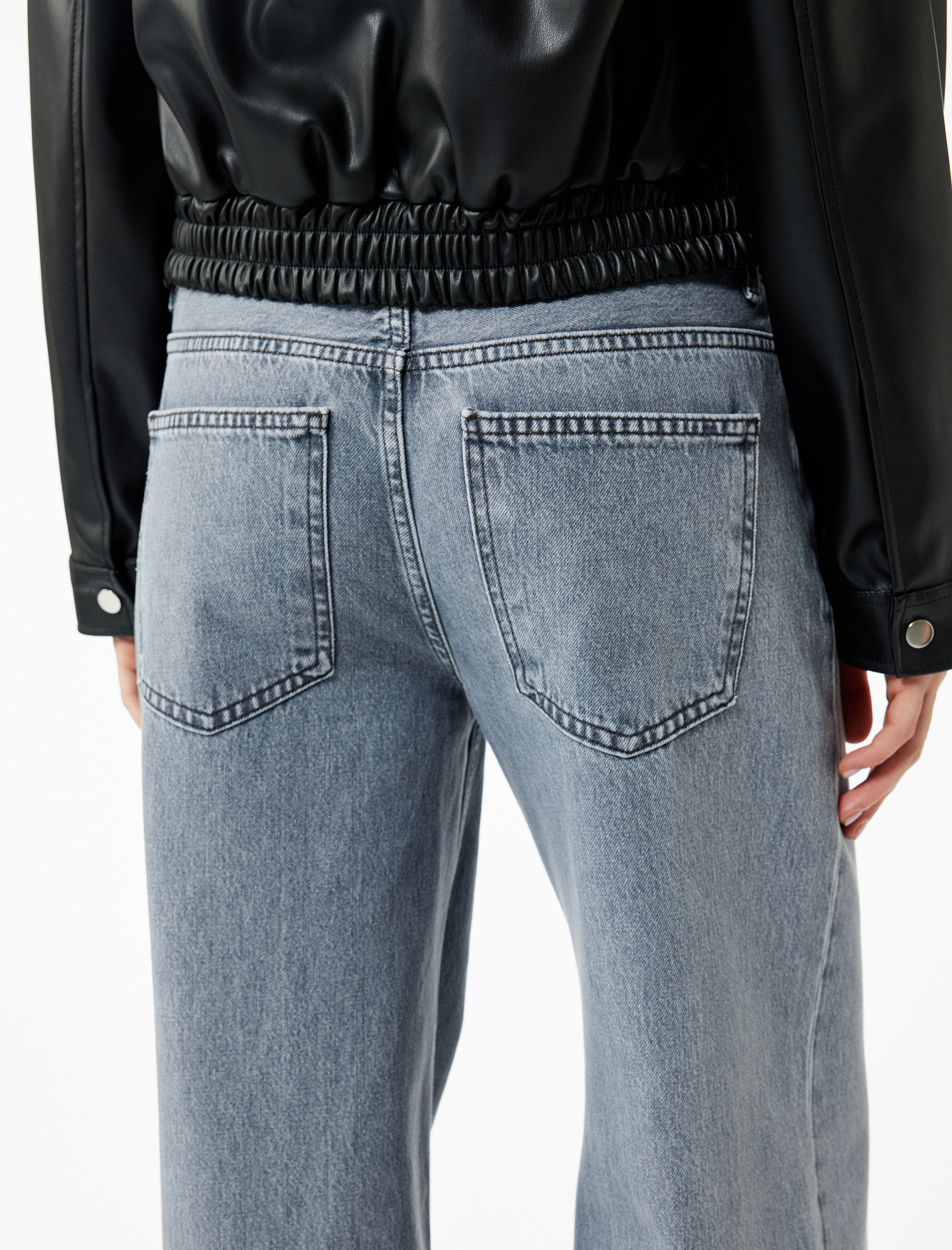   Yıkamalı Düğmeli Cepli Pamuklu Bol Kalıp Geniş Paça Jean Pantolon - Loose Straight Fit Jean