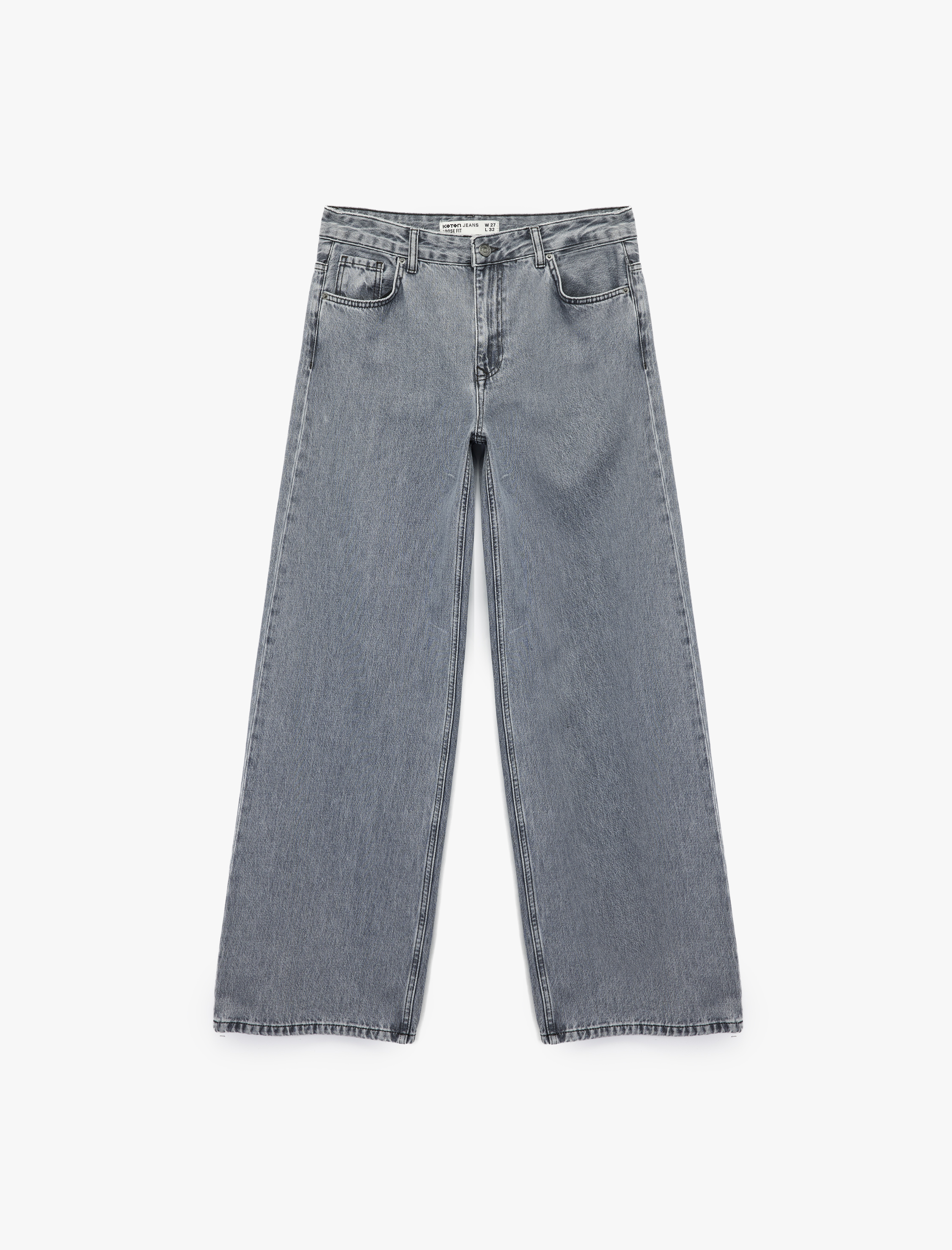   Yıkamalı Düğmeli Cepli Pamuklu Bol Kalıp Geniş Paça Jean Pantolon - Loose Straight Fit Jean