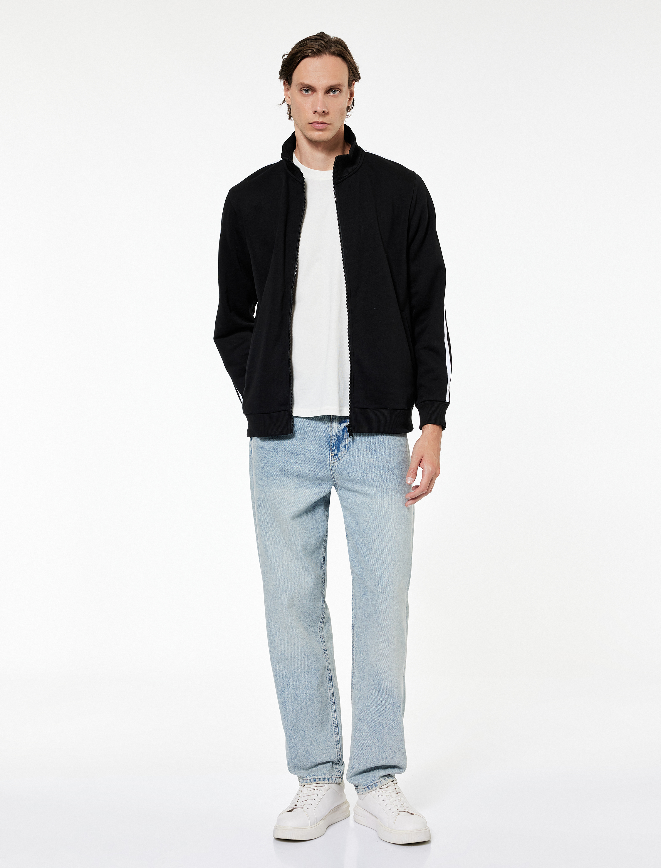   Regular Fit Uzun Kollu Biyeli Şardonlu Dik Yaka Fermuarlı Hırka