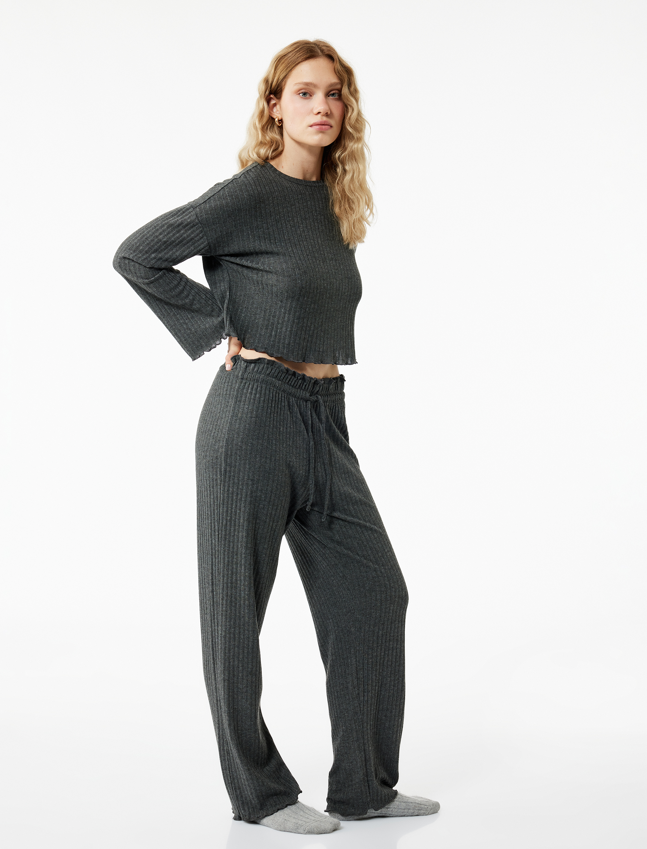 Rahat Kalıp Beli Bağlamalı Triko Pijama Altı