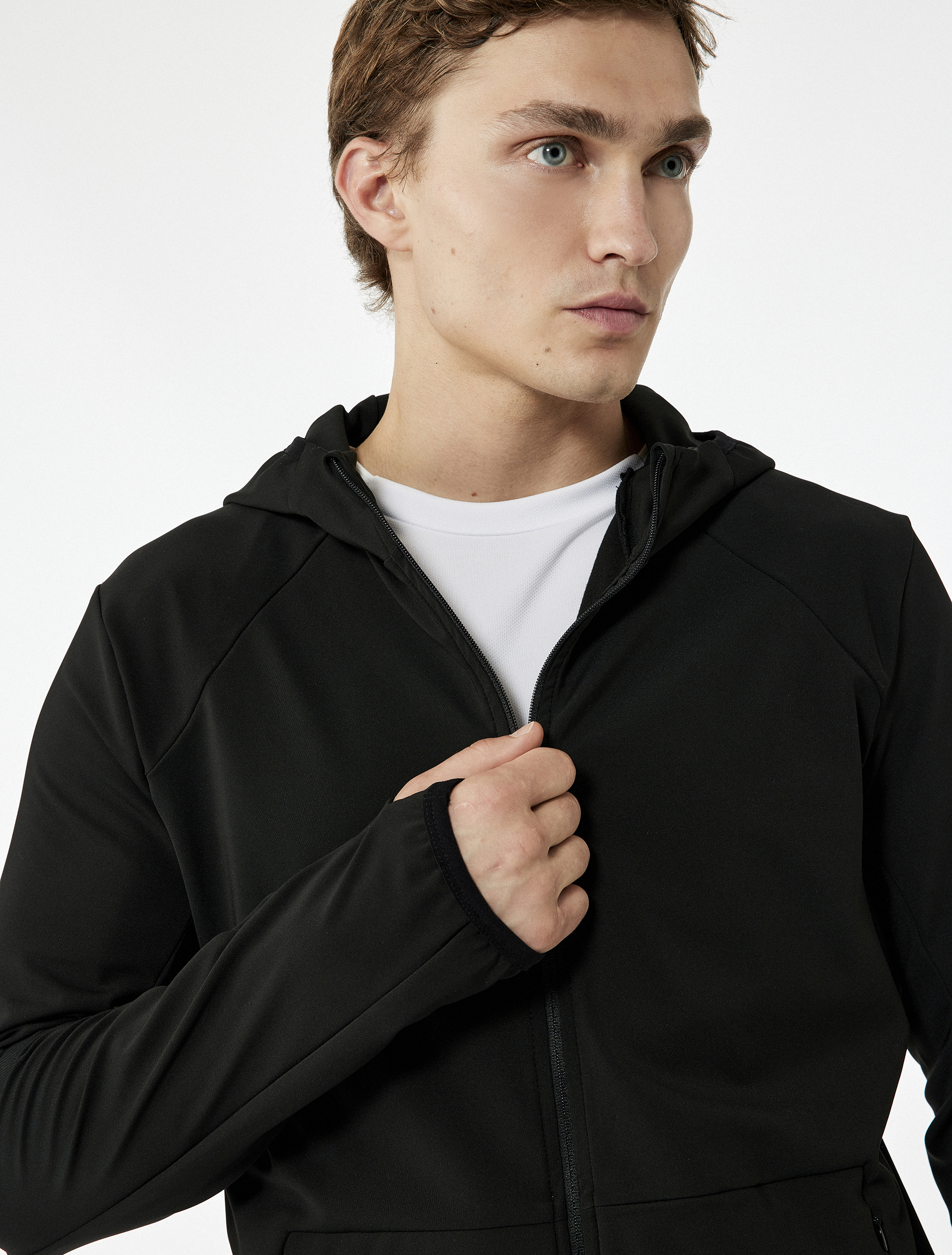   Slim Fit Uzun Kollu Fermuarlı Cep Detaylı Kapşonlu Spor Sweatshirt