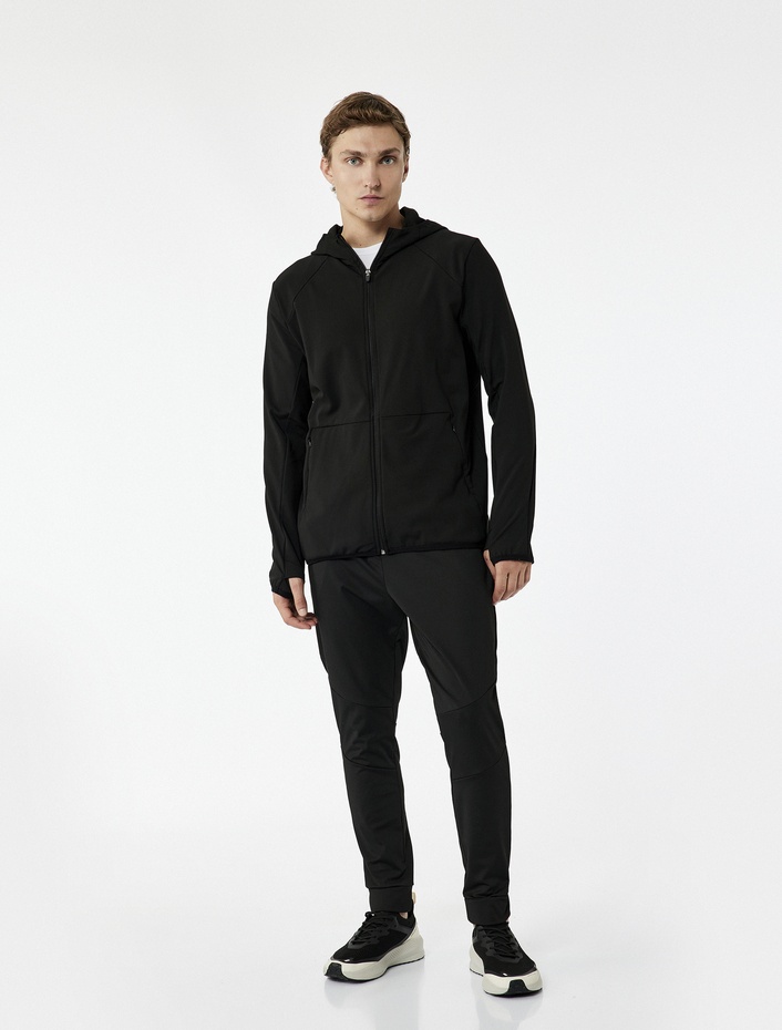  Slim Fit Uzun Kollu Fermuarlı Cep Detaylı Kapşonlu Spor Sweatshirt