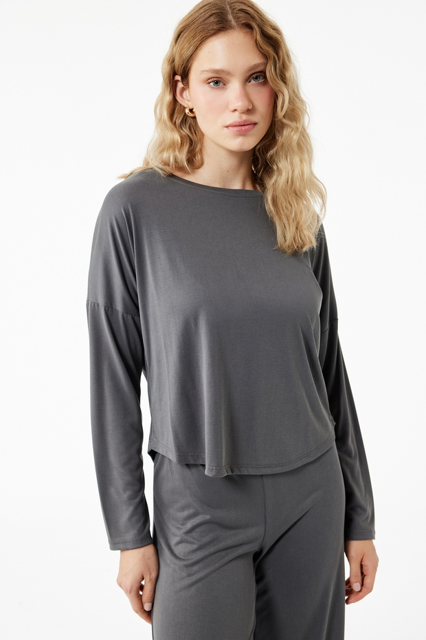  Uzun Kollu Bisiklet Yaka Rahat Kalıp Modal Pijama Üstü