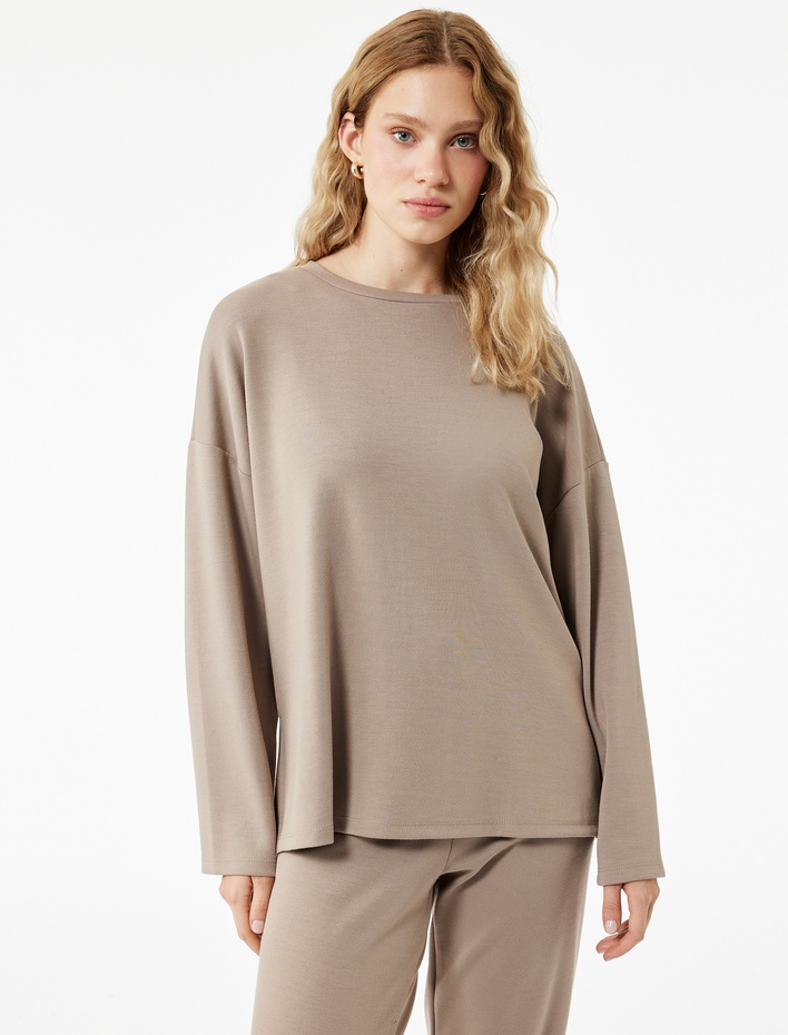  Uzun Kollu Bisiklet Yaka Rahat Kalıp Pijama Üstü