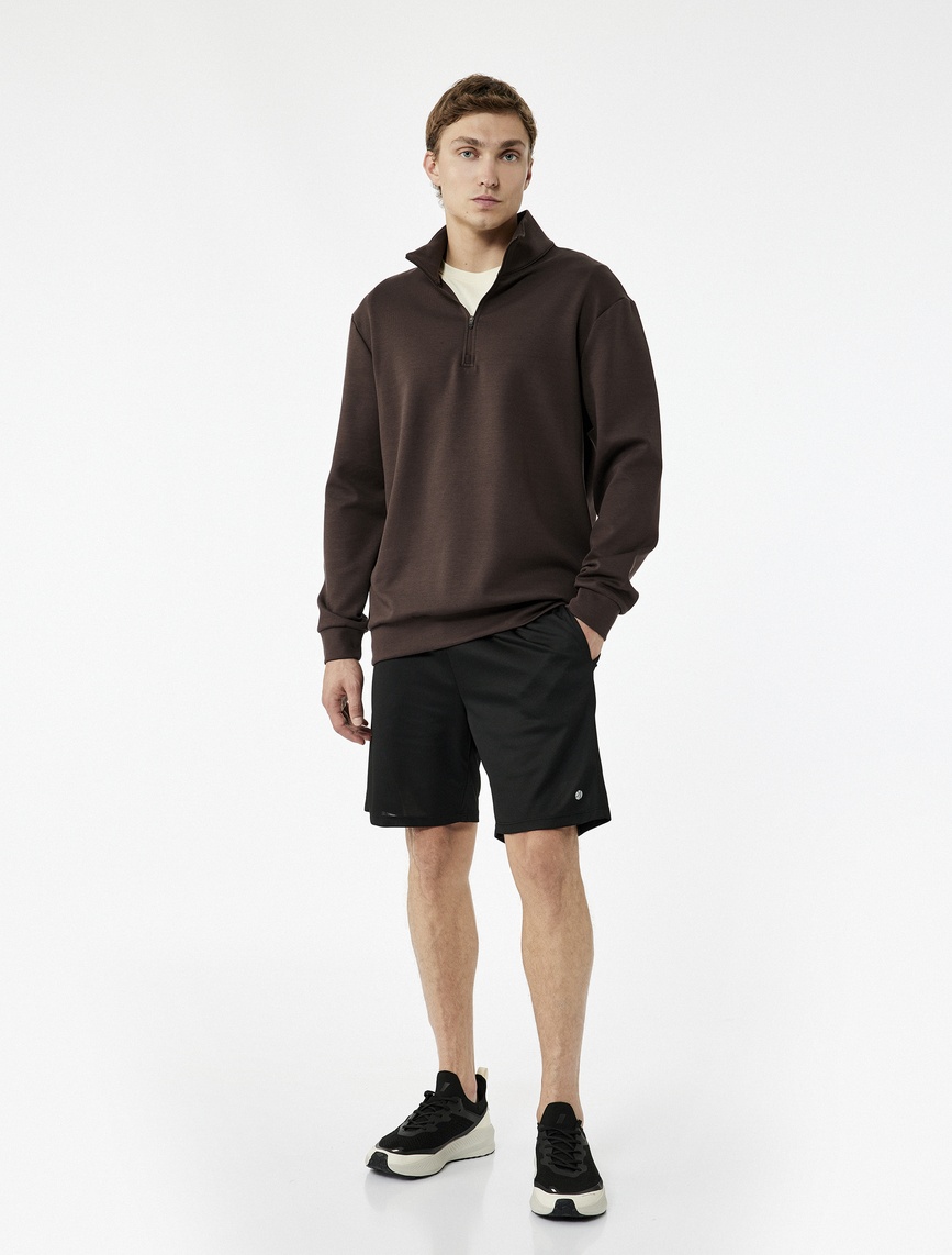   Pamuklu Uzun Kollu Dik Yaka Oversize Yarım Fermuarlı Spor Sweatshirt