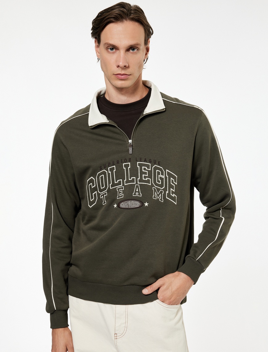   Uzun Kollu Kolej Nakışlı Renk Kontrastlı Şardonlu Yarım Fermuarlı Sweatshirt