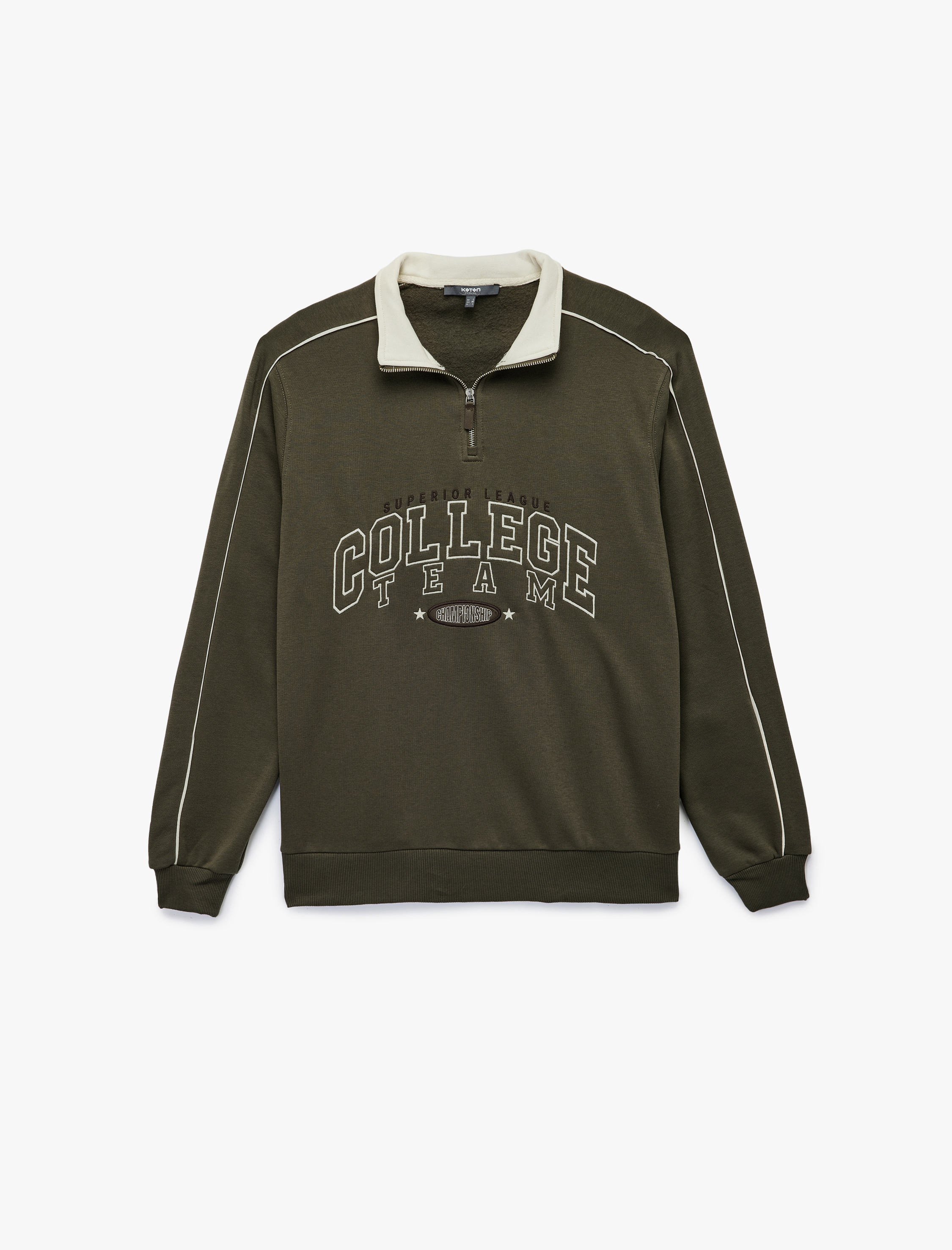   Uzun Kollu Kolej Nakışlı Renk Kontrastlı Şardonlu Yarım Fermuarlı Sweatshirt