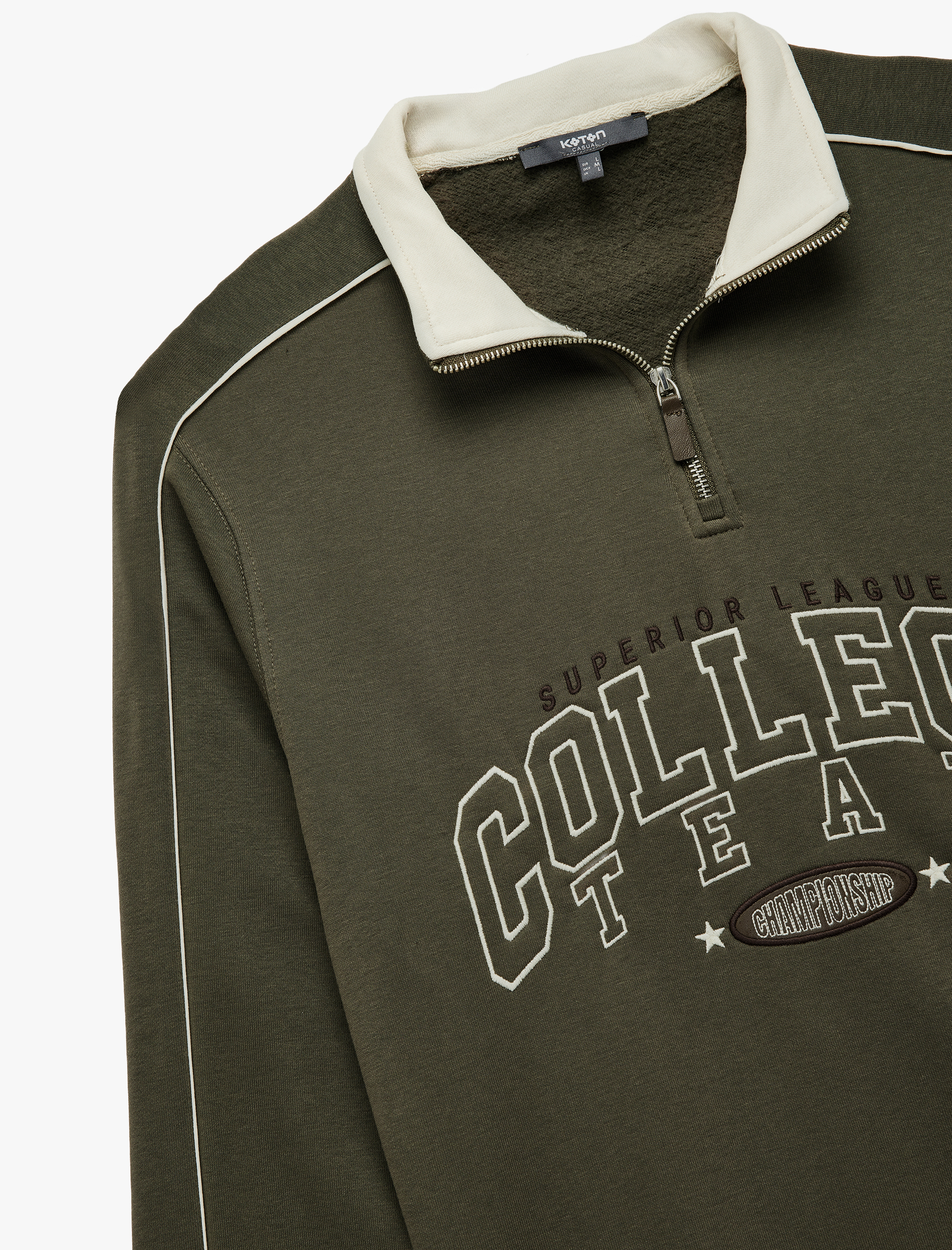   Uzun Kollu Kolej Nakışlı Renk Kontrastlı Şardonlu Yarım Fermuarlı Sweatshirt