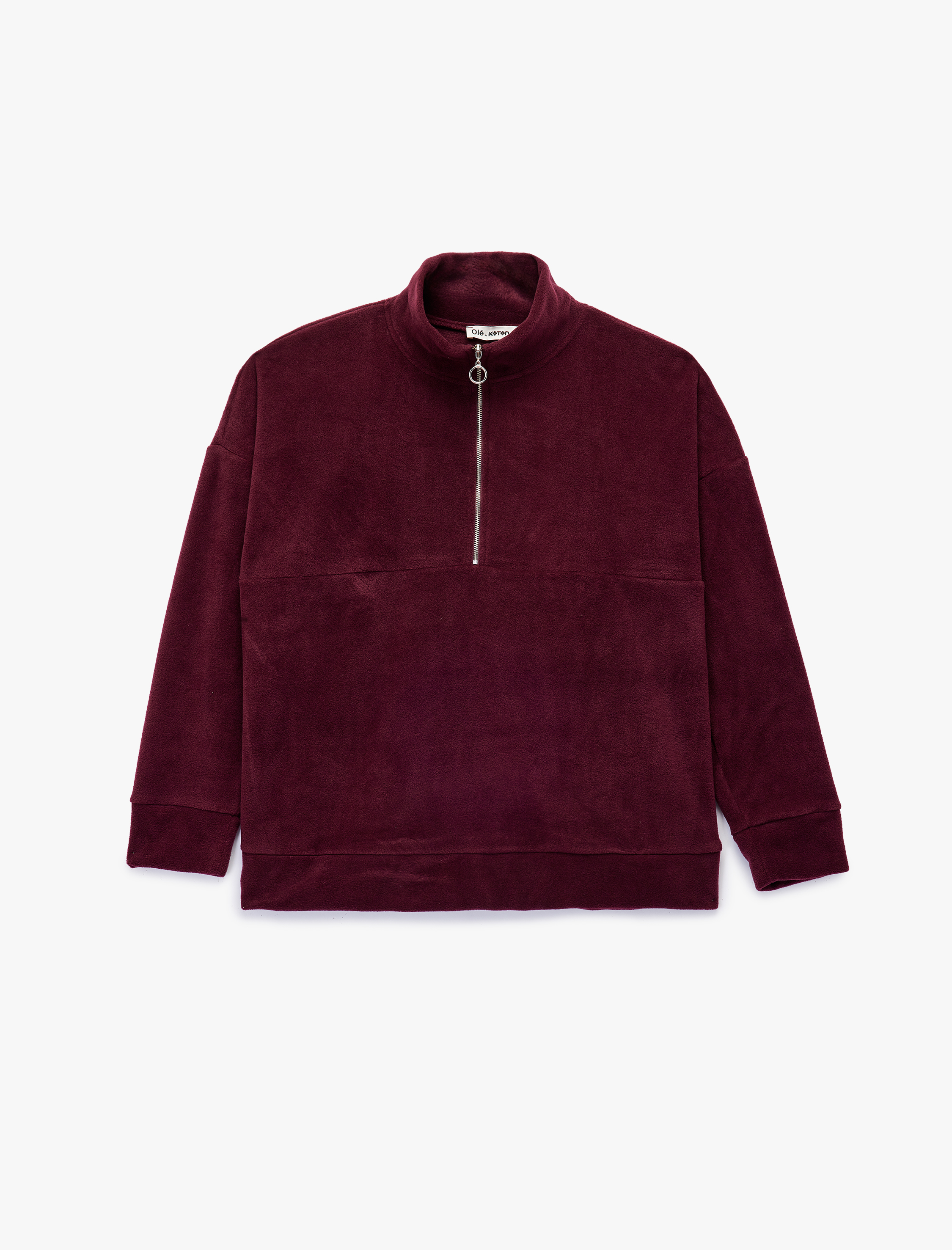   Oversize Uzun Kollu Yarım Fermuarlı Şardonlu Polar Sweatshirt