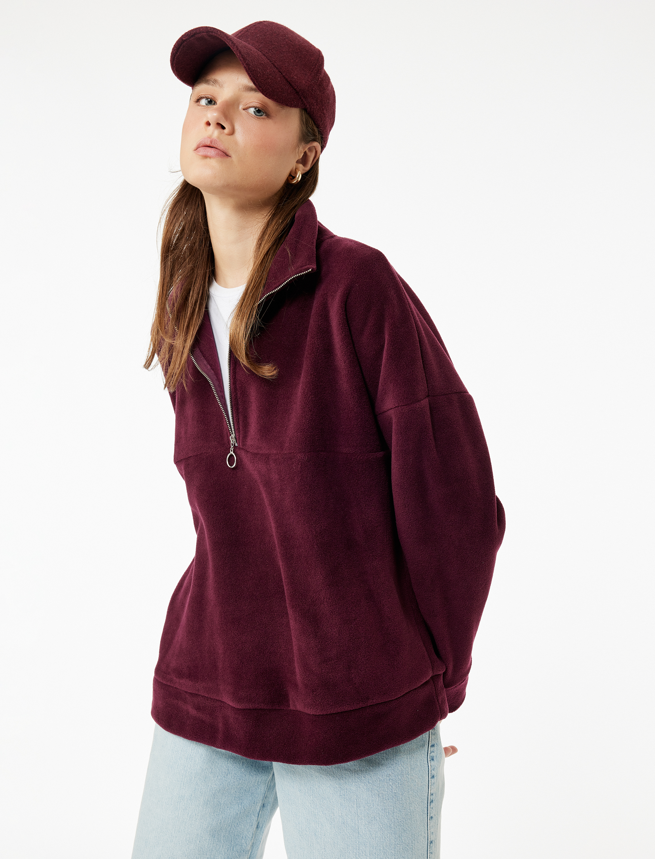   Oversize Uzun Kollu Yarım Fermuarlı Şardonlu Polar Sweatshirt