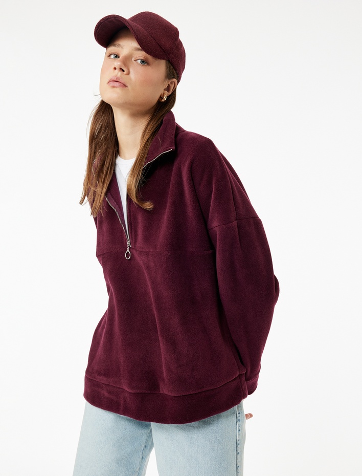  Oversize Uzun Kollu Yarım Fermuarlı Şardonlu Polar Sweatshirt
