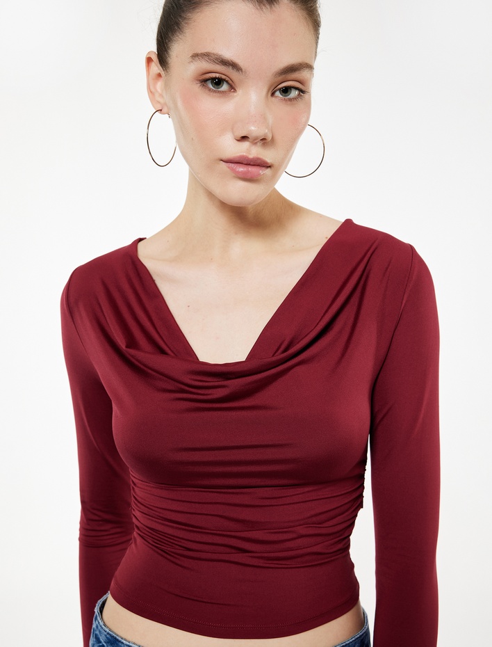  Slim Fit Uzun Kollu Degaje Yaka Drapeli Tişört