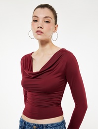 Slim Fit Uzun Kollu Degaje Yaka Drapeli Tişört