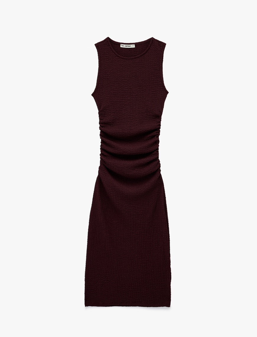   Drape Detaylı Kolsuz Dokulu Bisiklet Yaka Slim Fit Uzun Elbise