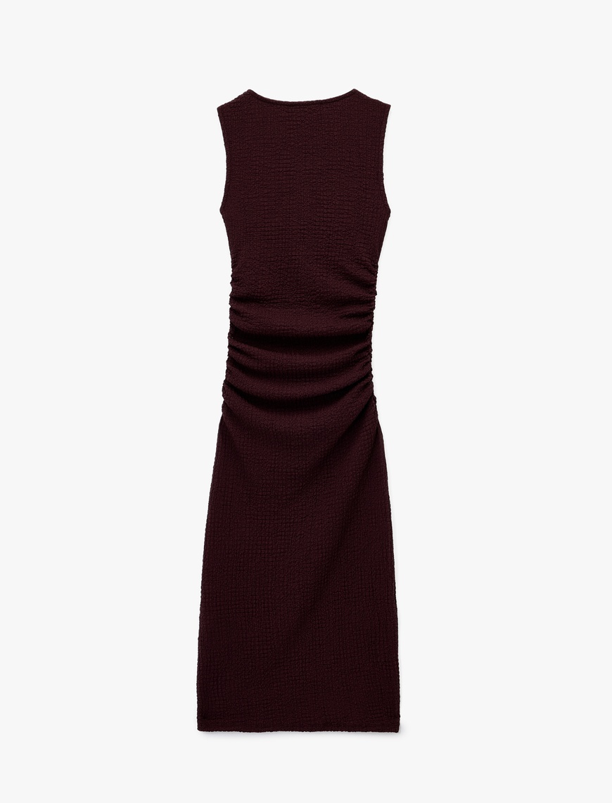   Drape Detaylı Kolsuz Dokulu Bisiklet Yaka Slim Fit Uzun Elbise