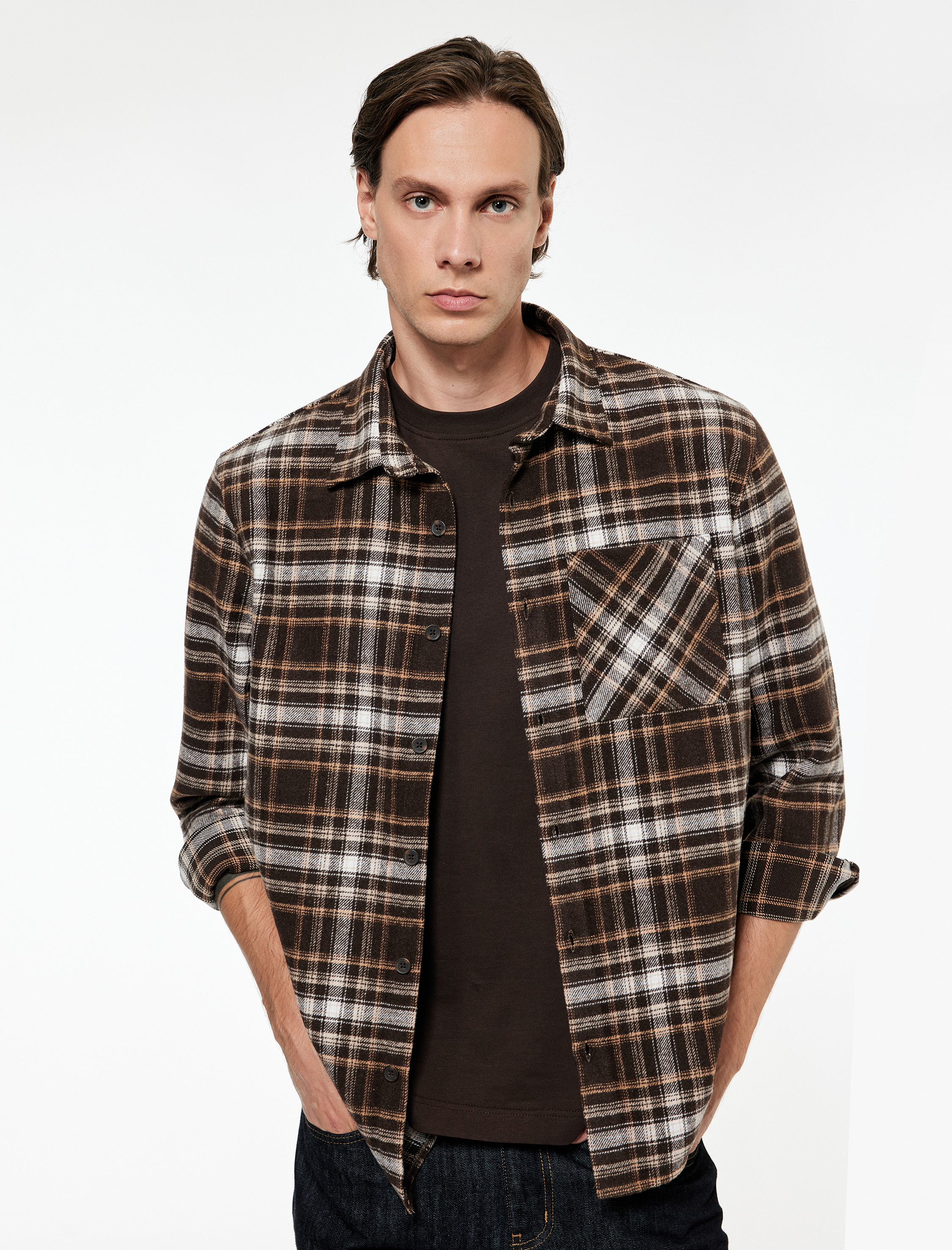   Cep Detaylı Uzun Kollu Düğmeli Ekose Oduncu Gömlek