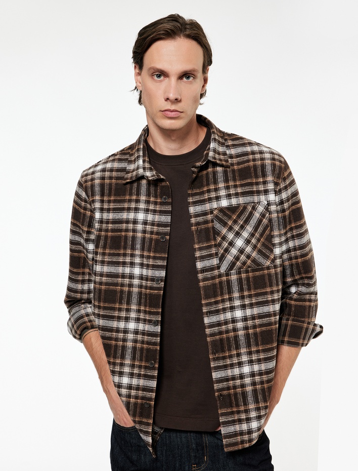  Cep Detaylı Uzun Kollu Düğmeli Ekose Oduncu Gömlek