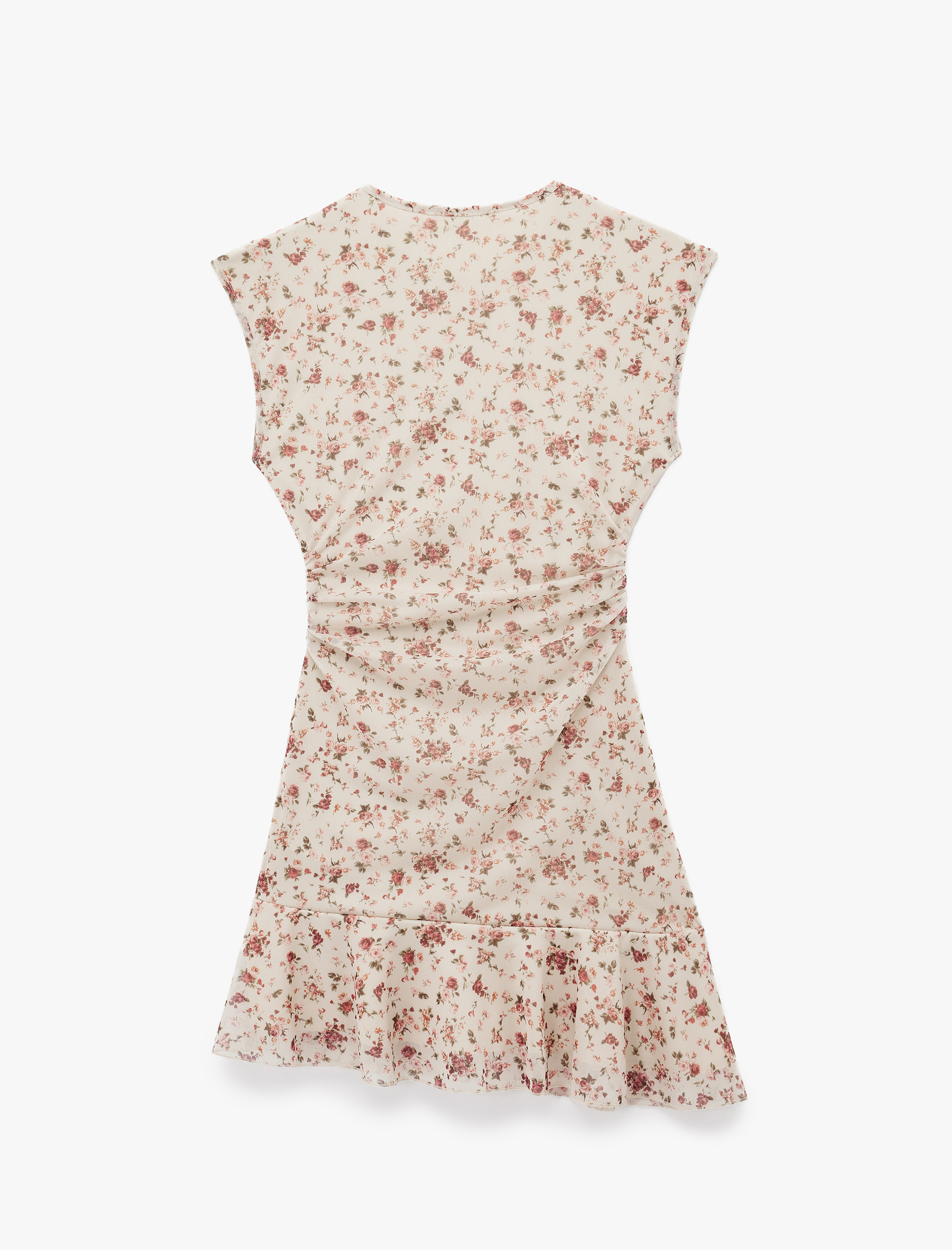   Kolsuz Asimetrik Bisiklet Yaka Drapeli Mini Çiçekli Elbise