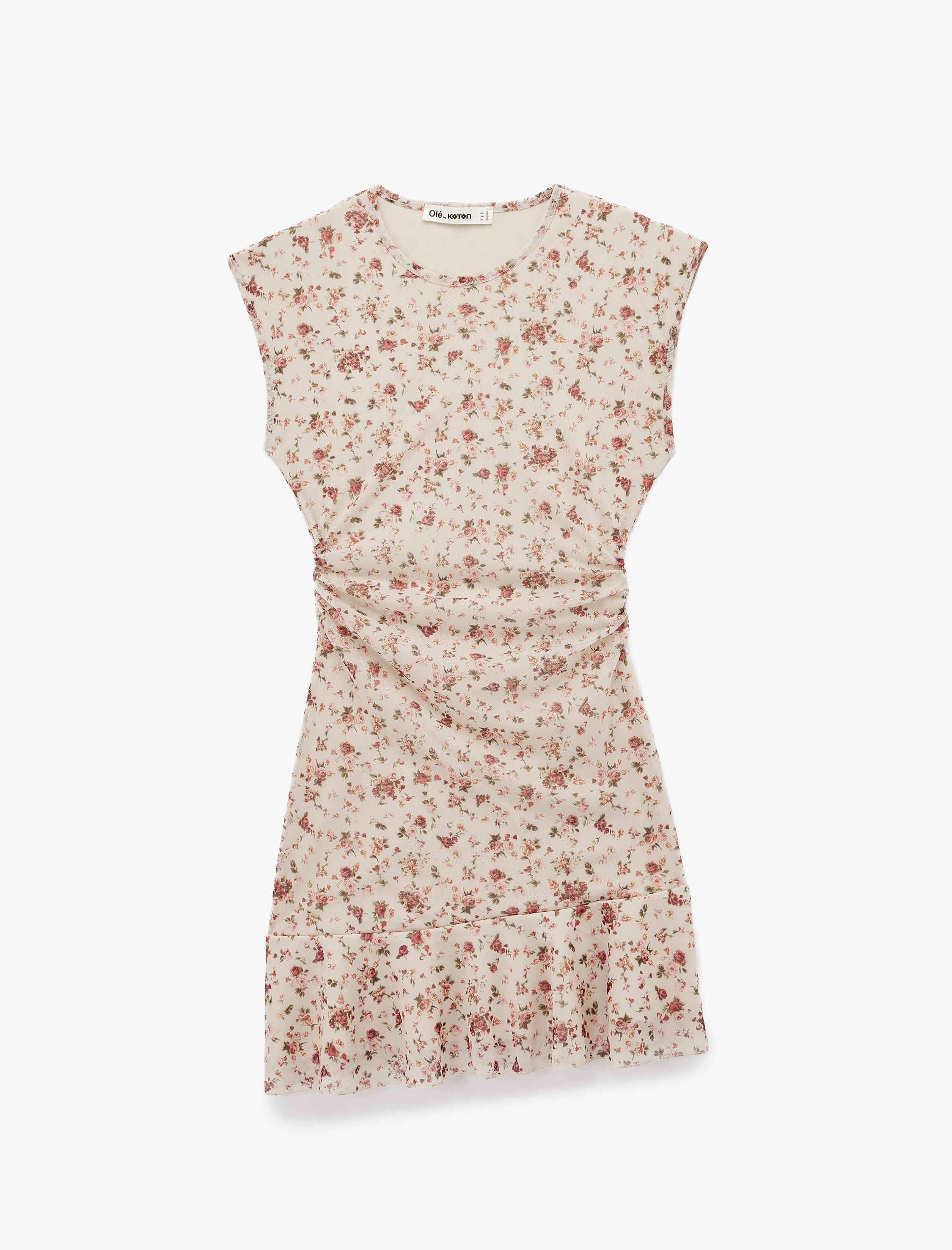   Kolsuz Asimetrik Bisiklet Yaka Drapeli Mini Çiçekli Elbise